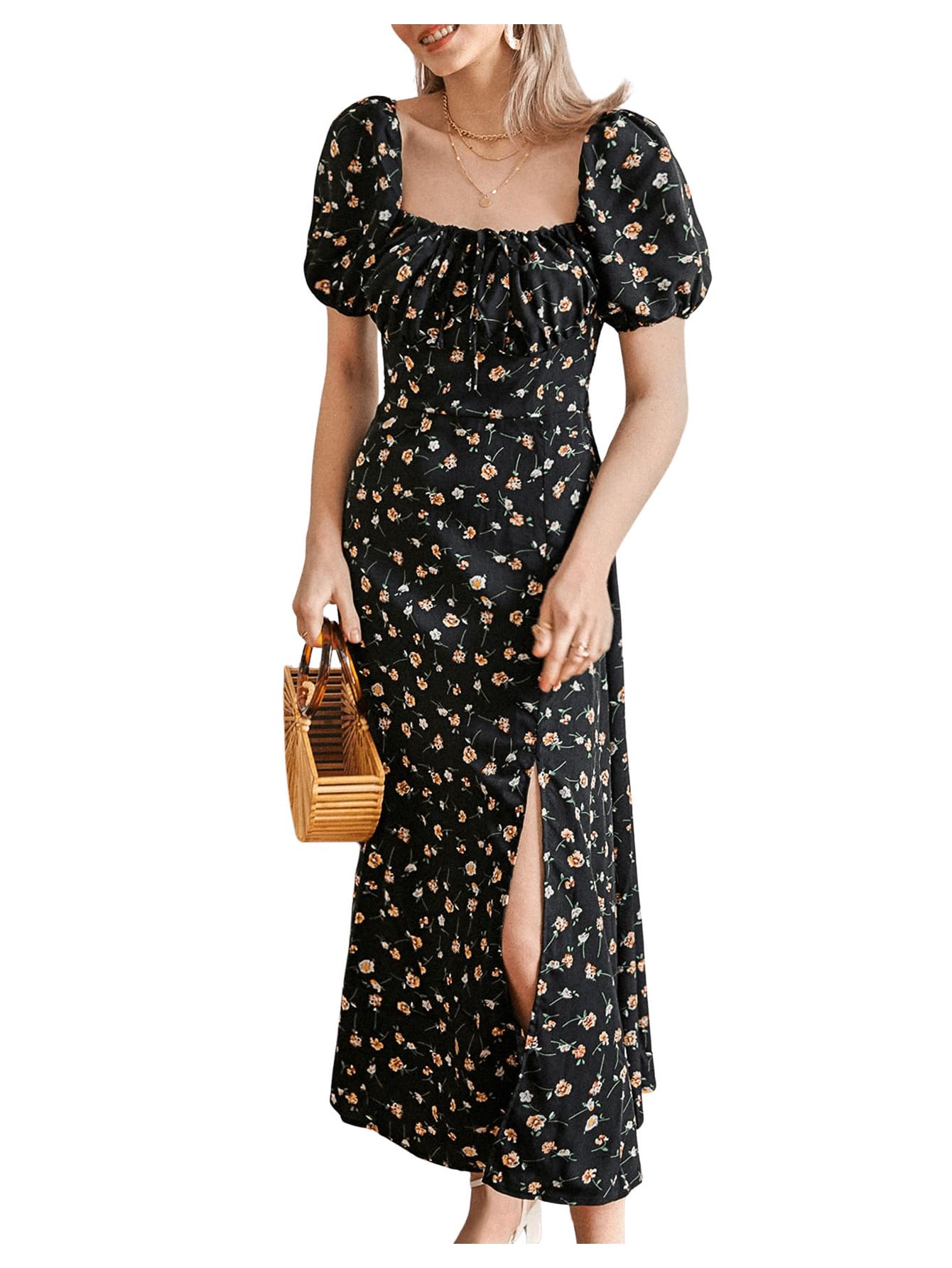 SHENHE Women's Floral Split Thigh Square Neck Puff Short Sleeve Long Boho Dress - Summer Beach Party, Vacation, Date Night Outfit