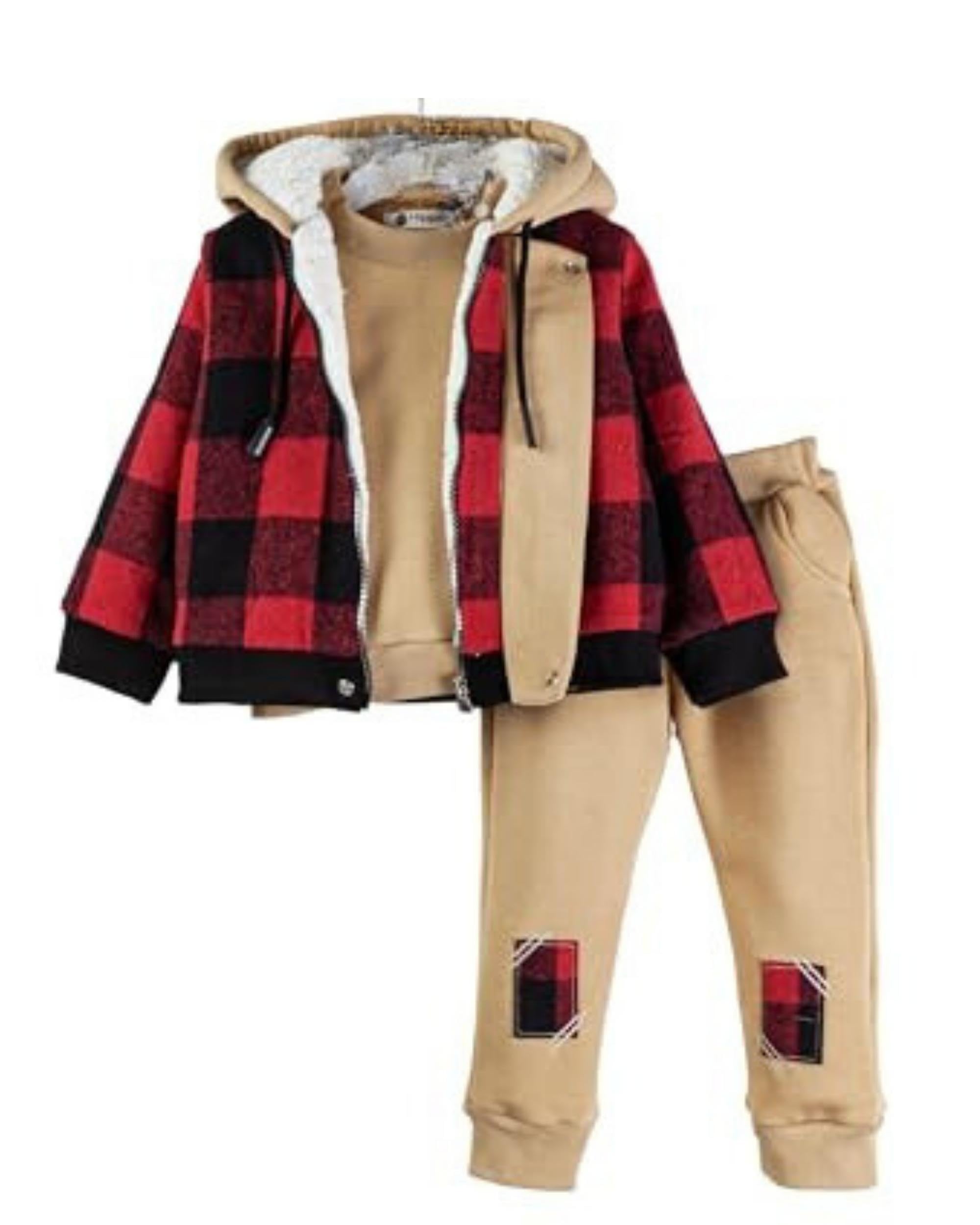 IDILCO Baby Boy Clothes Set - 2-3-4 Years Toddler Outfit with Jogger Pants, Sweatshirt & Checked Hoodie in Red, Blue, Green | Soft Cotton Playwear for Daily Wear, Outdoor Activities & Photo Shoots