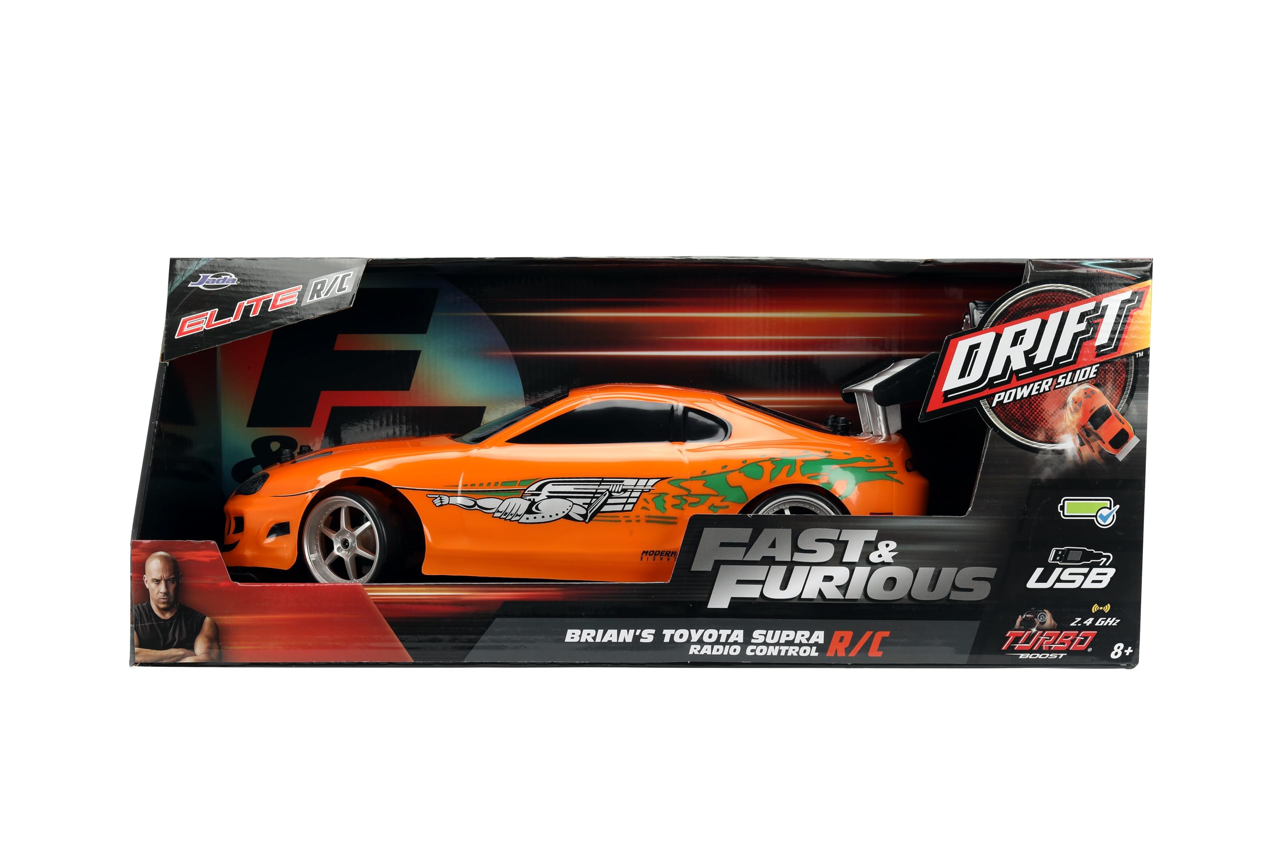 Jada Toys Fast & Furious 1:10 Toyota Supra RC Drift Car - 2.4GHz Remote Control with Extra Tires, High-Speed Drifting & Sliding Action - Collectible Toy for Kids & Adults (Orange & Black) - Perfect for Racing, Stunt Shows & Movie Reenactments