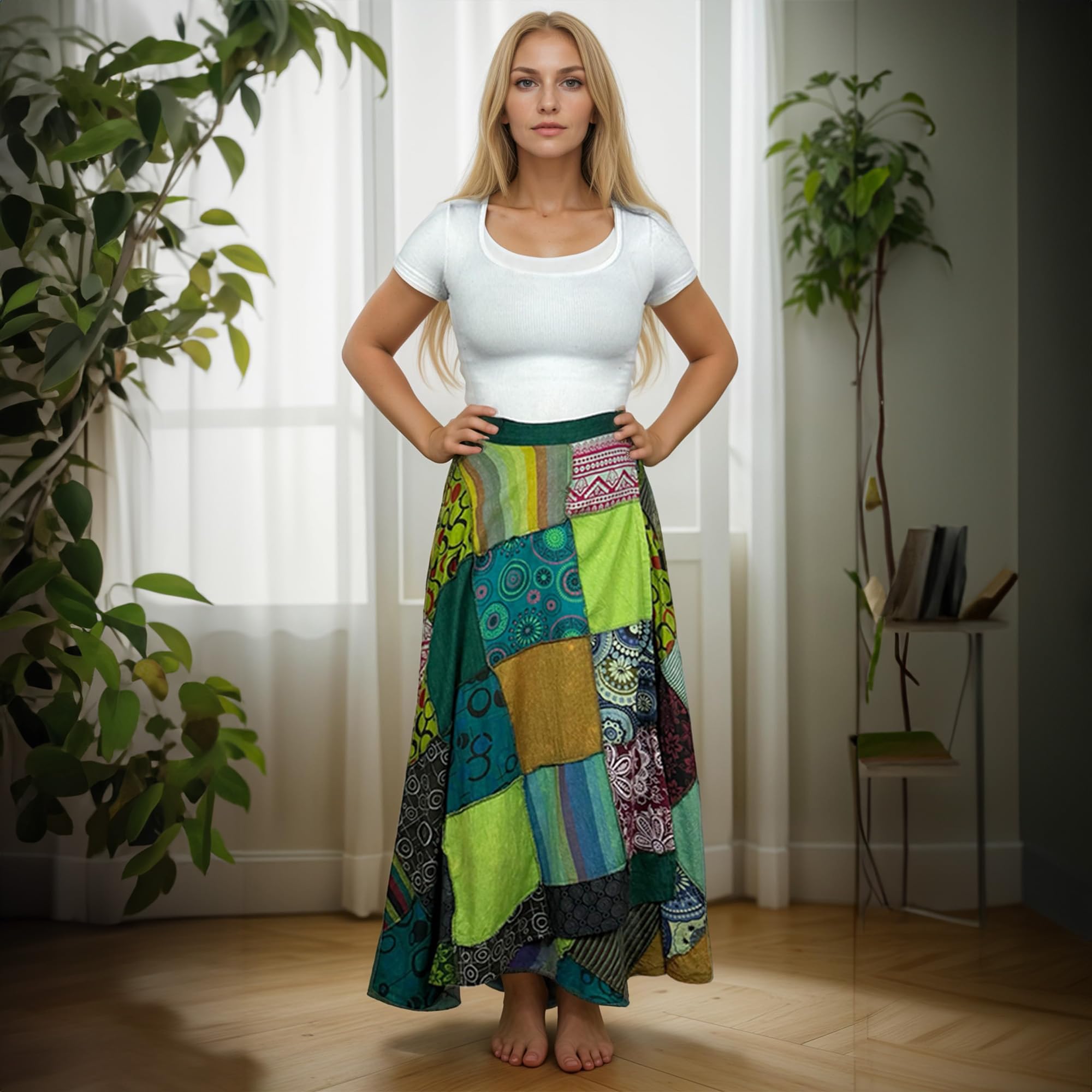 Agan Traders Women's 2025 Spring & Fall Boho Maxi Skirt - High Waisted Long Skirt with Patchwork & Tie-Up Design, Bohemian Wrap Cover Up for Casual Outings, Beach Vacations & Music Festivals