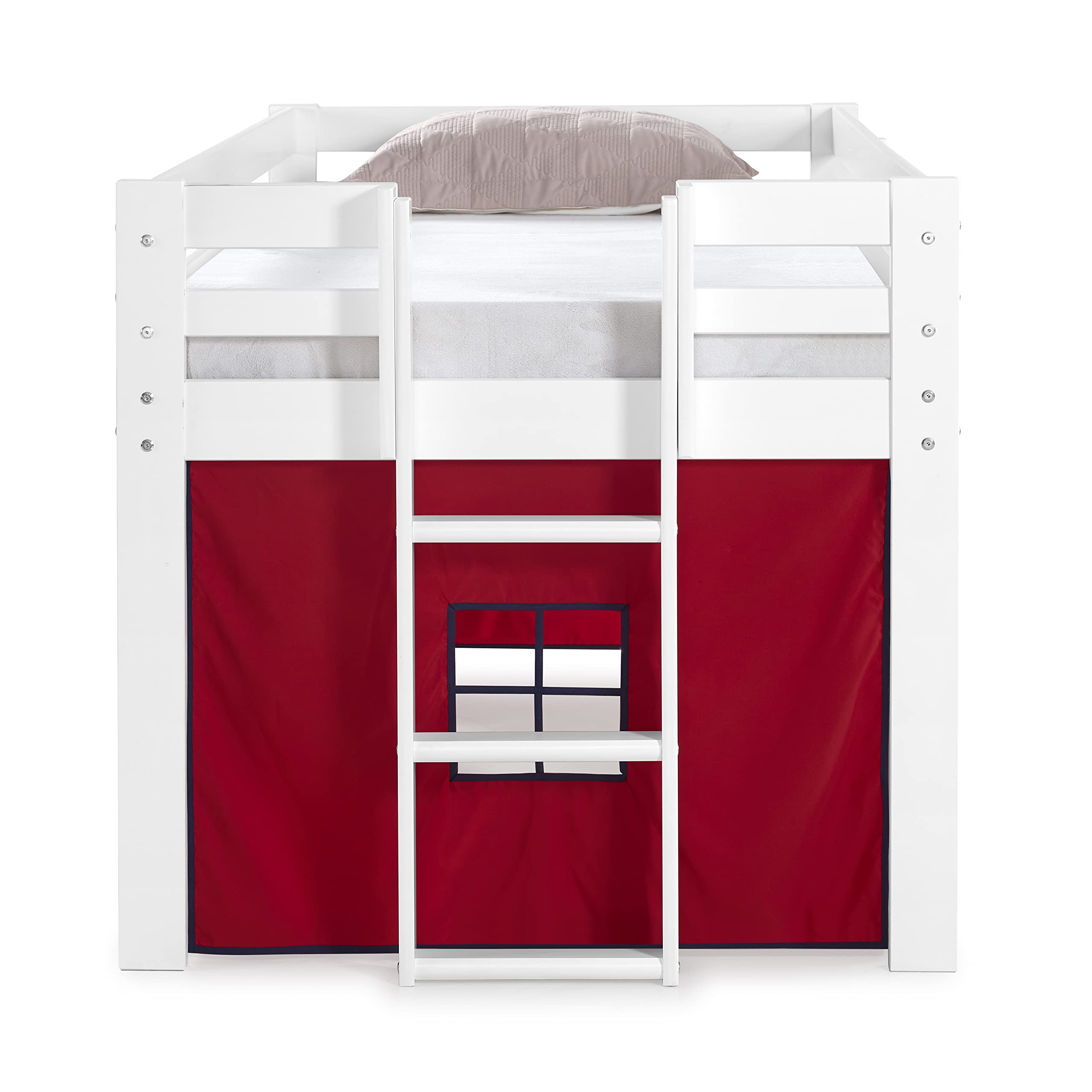 Alaterre Jasper Twin Junior Loft Bed with Playhouse Tent - White Frame & Red/Blue Bottom - Kids Space-Saving Bunk Bed for Small Rooms & Play Areas