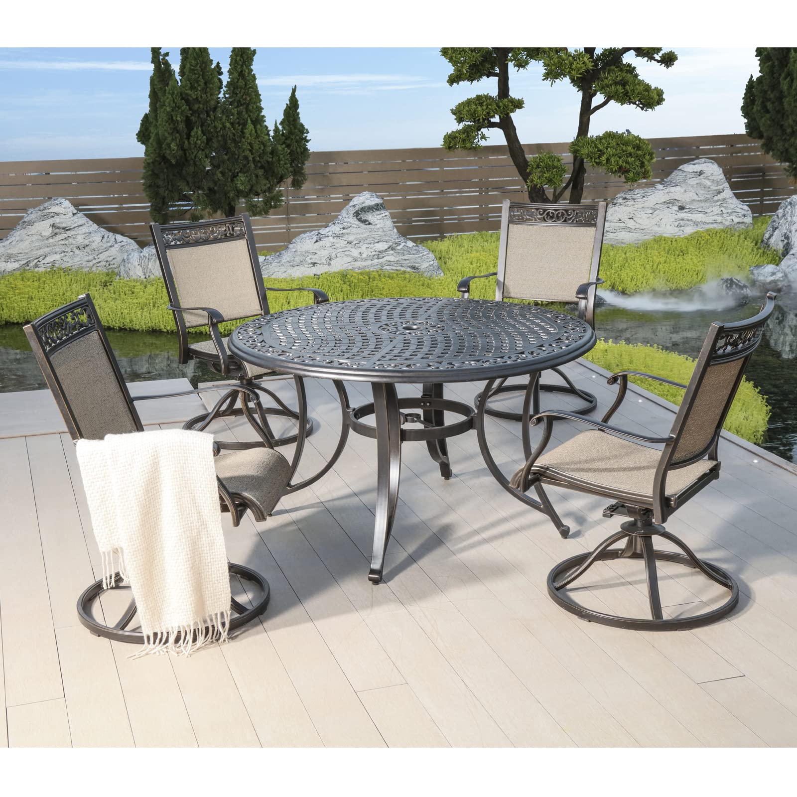 DALI 5-Piece Outdoor Patio Dining Set with Swivel Rocker Chairs & 48-Inch Round Aluminum Table – Perfect for Backyard, Garden, and Poolside Relaxation