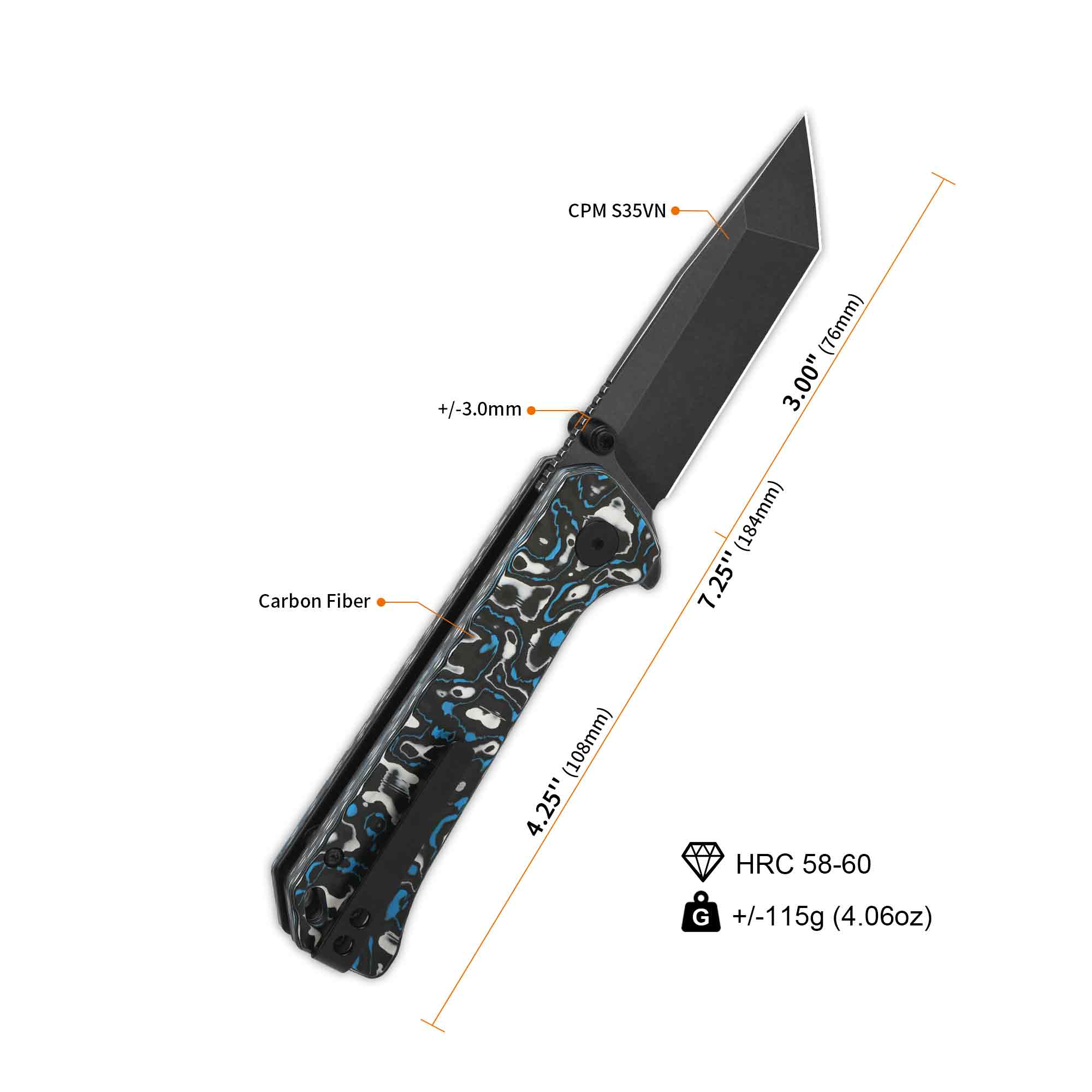 QSP Grebe T Button Lock Pocket Knife - S35VN Steel Blade, Blue Camo Carbon Fiber Handle - EDC, Outdoor, Camping & Survival Knife