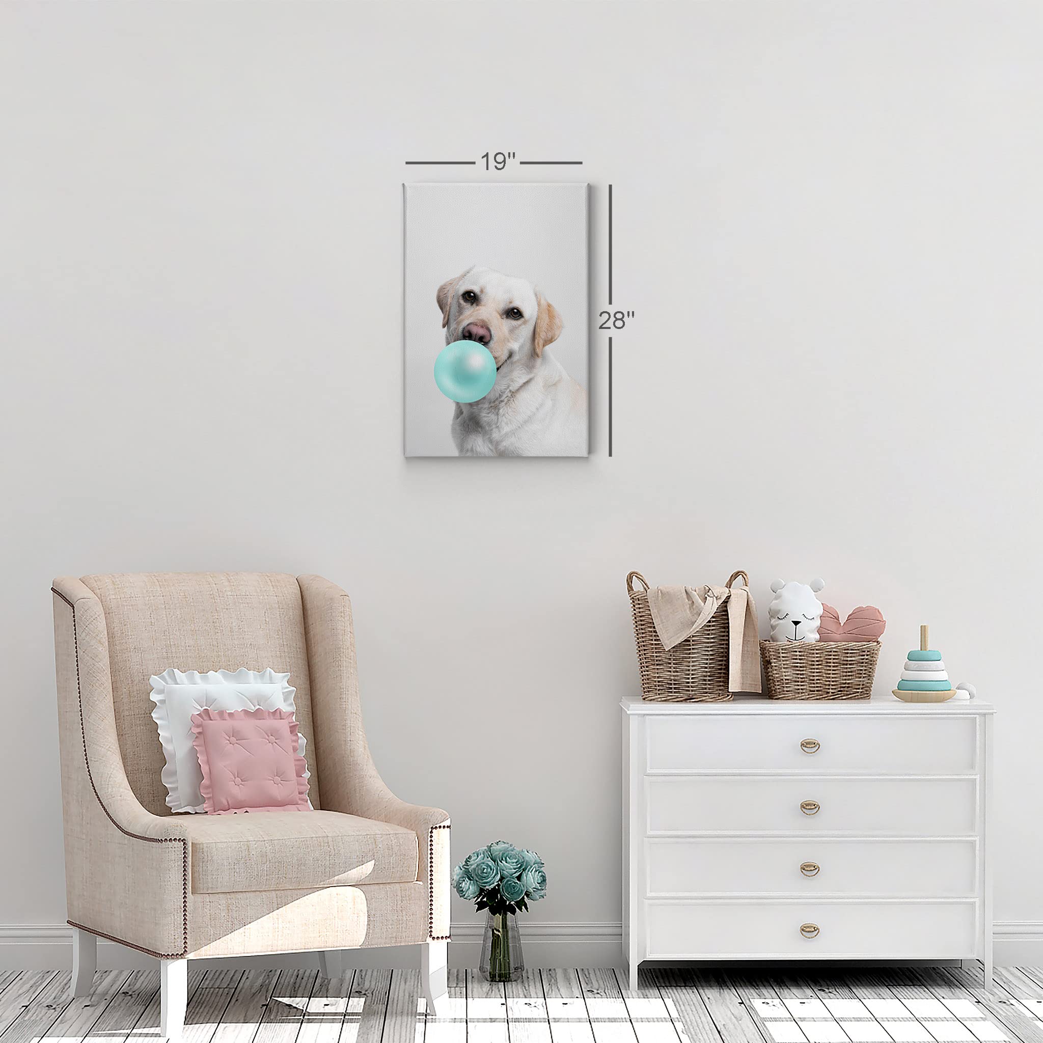 Cute Labrador Retriever Dog Bubble Gum Pop Art Canvas Print - Teal Blue Animal Wall Decor for Kids Room, Nursery & Home - 12x8 Inch Ready-to-Hang Made in USA Canvas Painting for Pet Lovers & Modern Interior Design