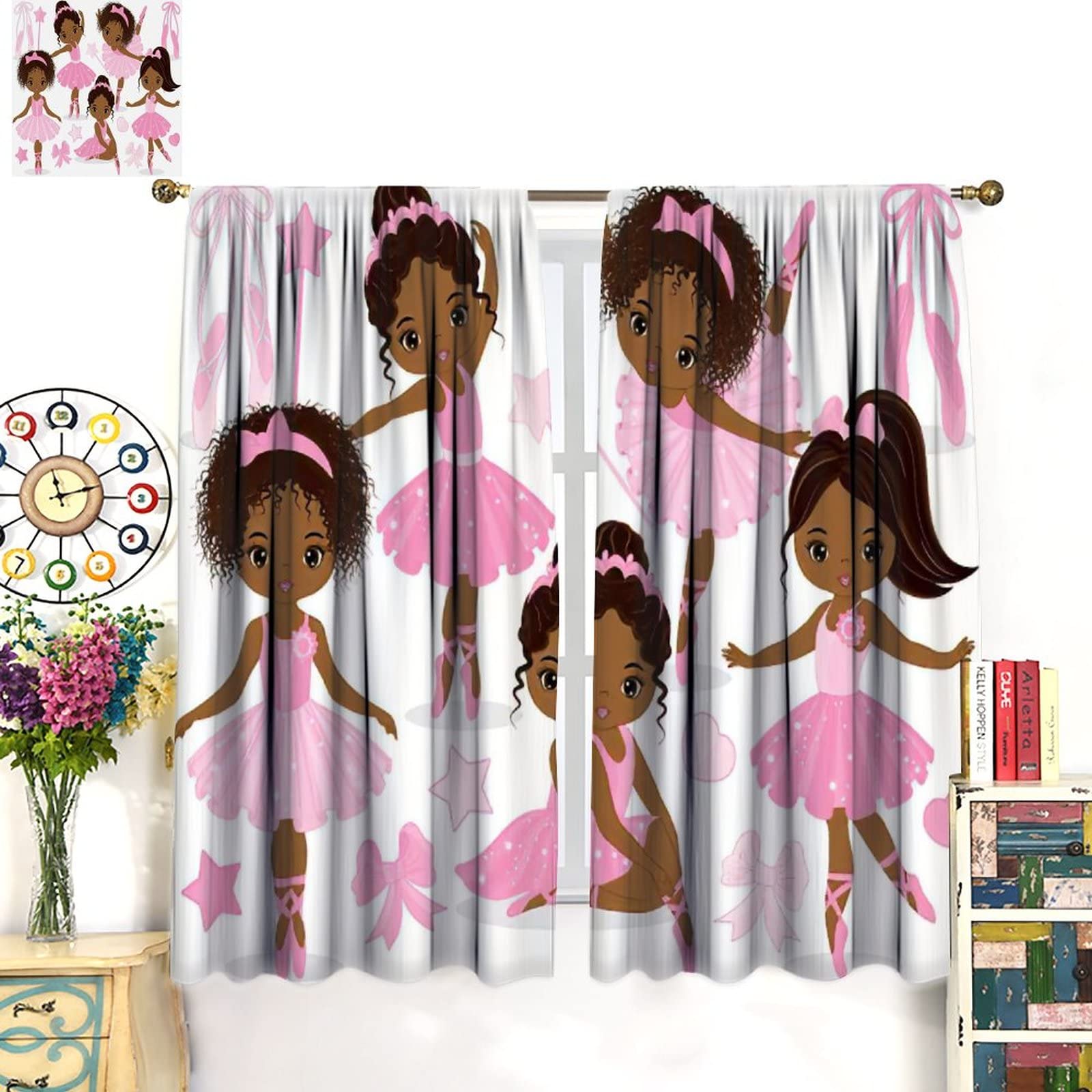 Pink African American Ballerina Window Curtains - Black Girl Ballerina Ballet Princess Dancer Room Darkening Rod Pocket Curtains for Girls Kids Bedroom (42x45 inches) - Perfect for Nursery, Children's Room & Dance Studio Decor