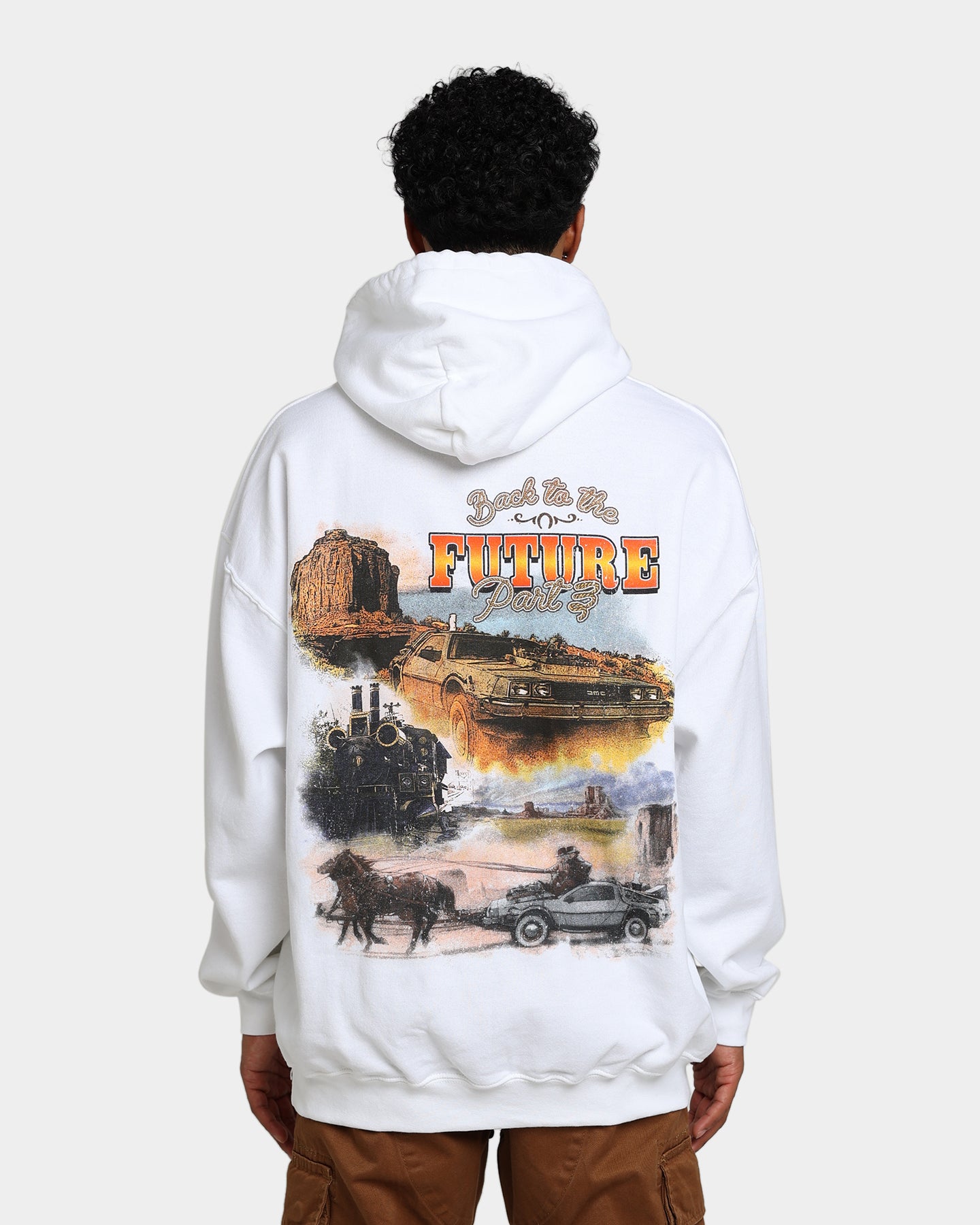 American Thrift X Back To The Future 3 Hoodie - White Retro Movie Merchandise for Fans - Perfect for Cosplay, Movie Nights & Casual Wear
