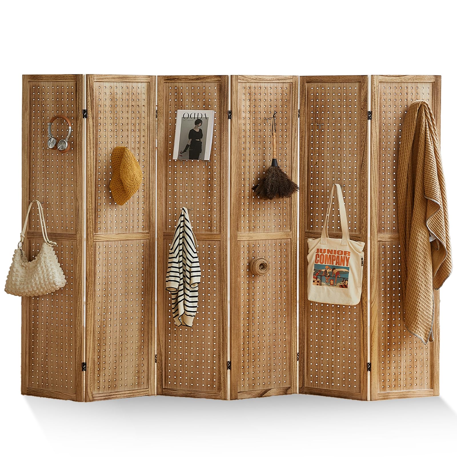 24-Hook Pegboard Display & 6-Panel Folding Room Divider - 5.6Ft Portable Privacy Screen, Freestanding Wooden Wall Organizer for Bedroom, Office & Reading Room - Natural Finish | Perfect for Home Organization & Space Division