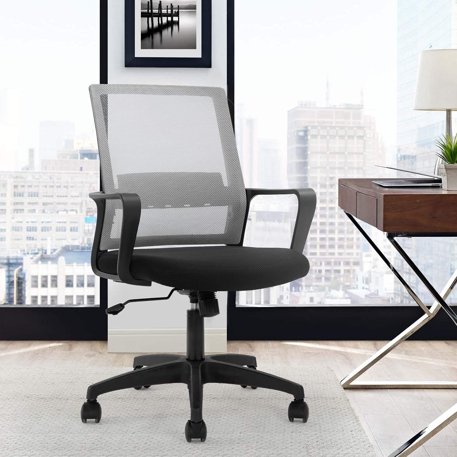 Ergonomic Office Chair with Lumbar Support - Adjustable Mesh Computer Desk Chair, Mid-Back Swivel Task Chair with Wheels & Armrests for Home Office, Modern Executive Chair (Grey) - Perfect for Long Work Hours, Gaming & Remote Work