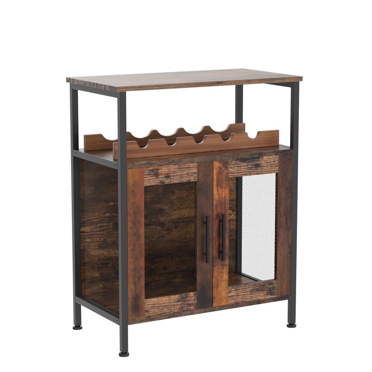 X-cosrack Rustic Brown Wine Bar Cabinet with Detachable Wine Rack & Glass Holder - Coffee Bar Sideboard Buffet Cabinet with Mesh Door - Perfect for Dining Room, Kitchen & Home Bar Storage (Patent Pending)