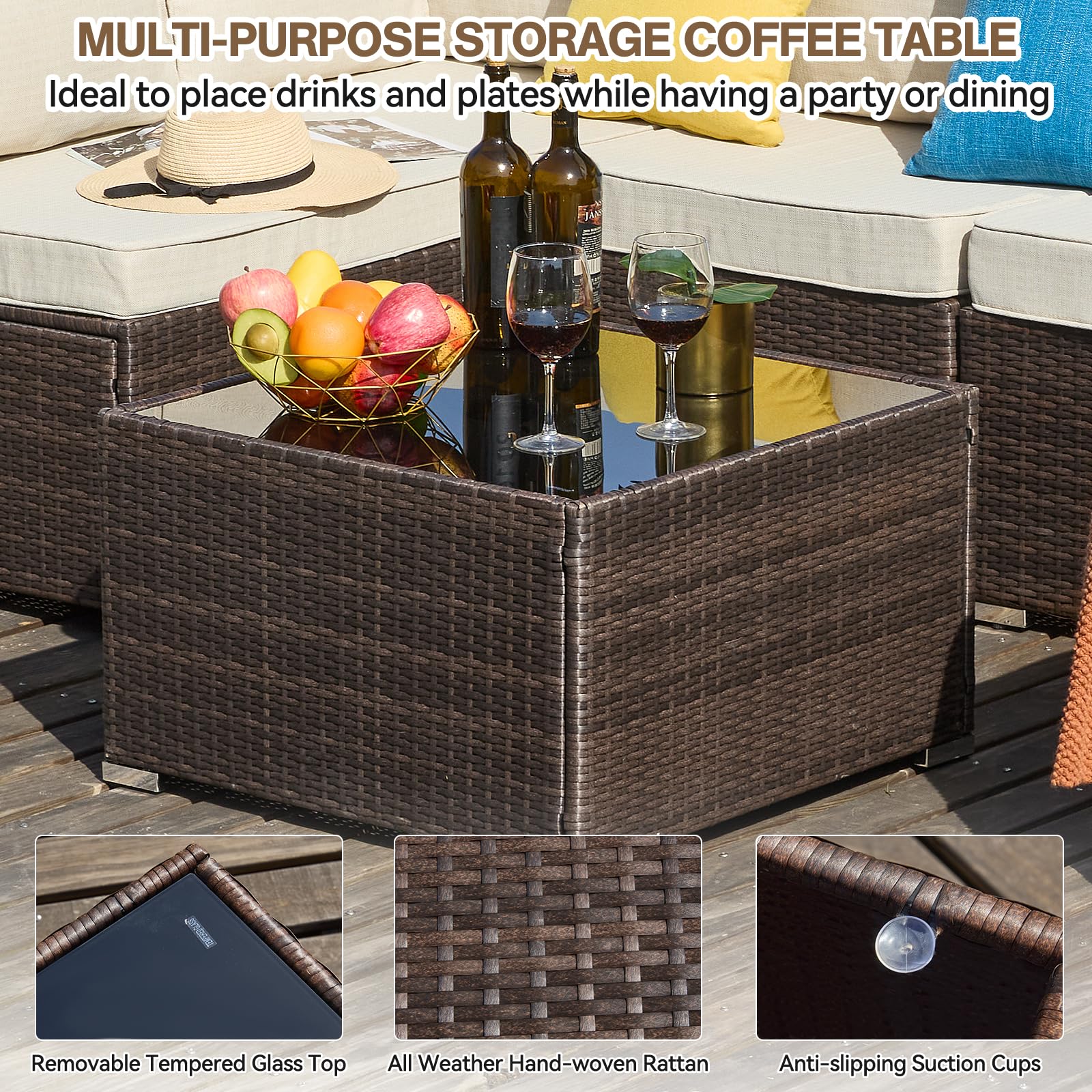 7-Piece All-Weather Wicker Patio Furniture Set with Cushions & Coffee Table - Outdoor Sectional Conversation Set for Garden, Poolside, Backyard (Brown) | Perfect for Relaxing, Entertaining & Outdoor Gatherings