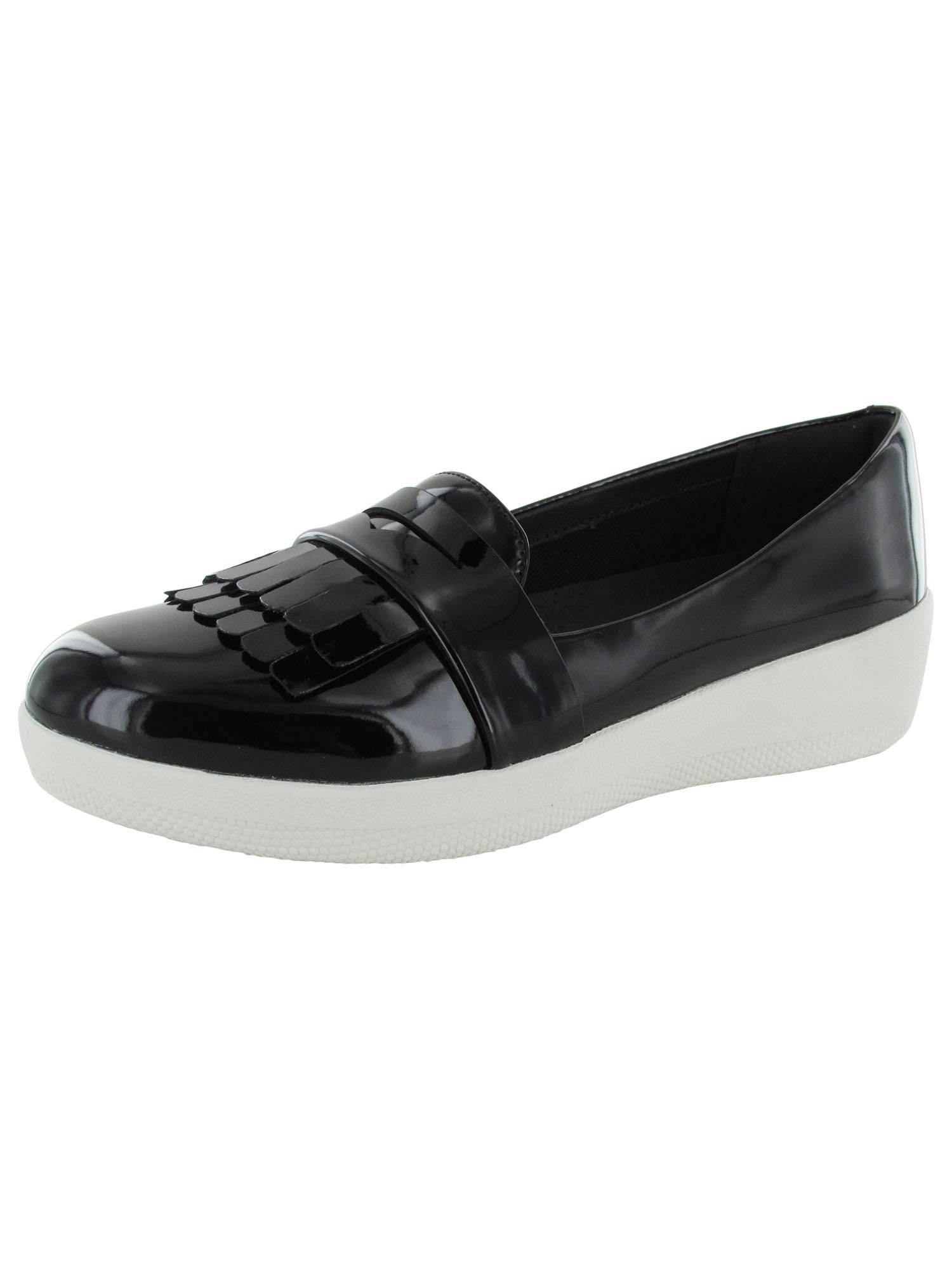 FitFlop Women's Sneaker Loafer Fringey Patent Shoes - Comfortable Slip-On Walking Shoes for Women, Black/White, US Size 5 | Casual Office Wear, Travel & Everyday Comfort