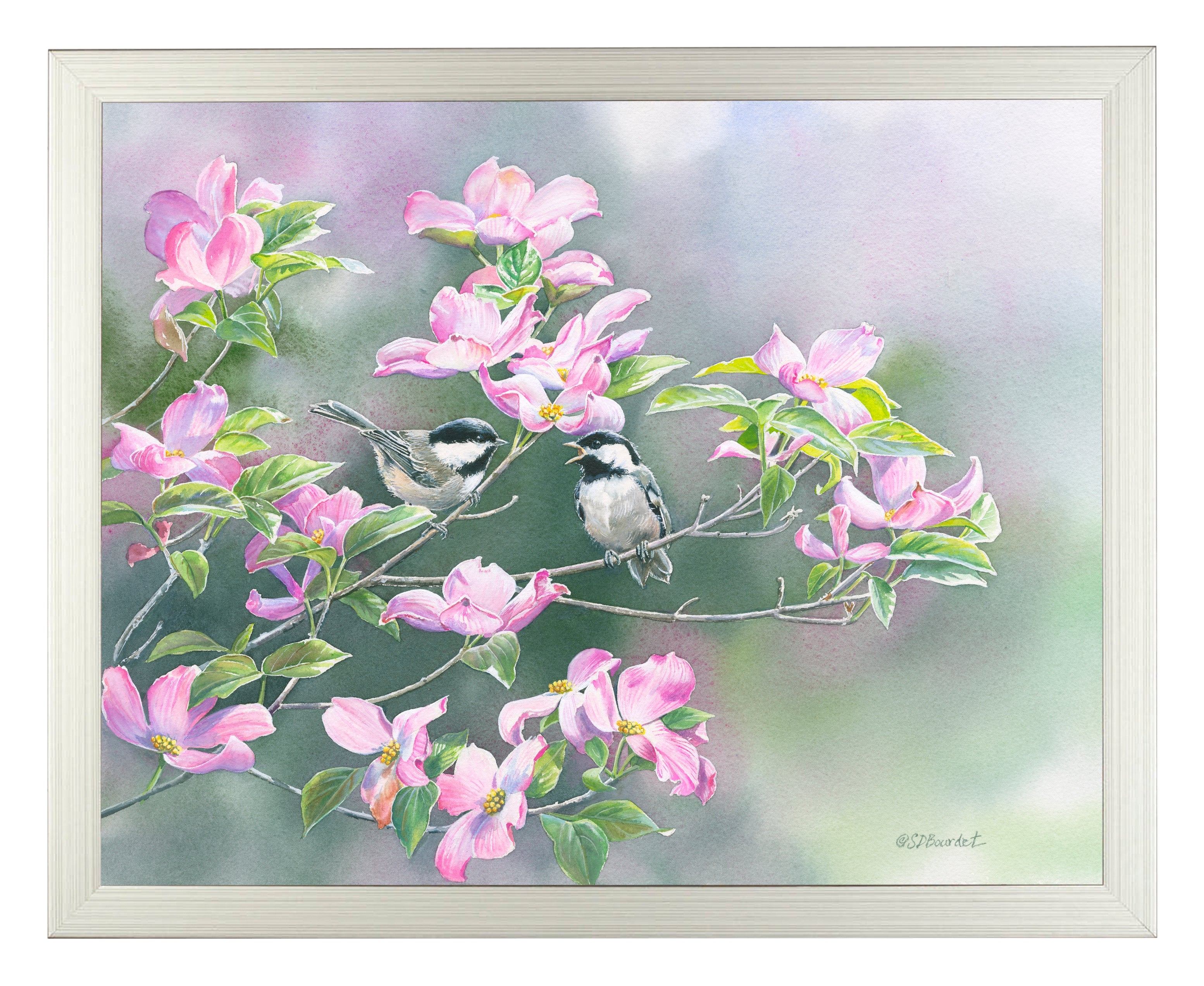 Chickadees in Dogwood Art Prints - Handmade Bird Wall Decor for Living Room, Bedroom & Office