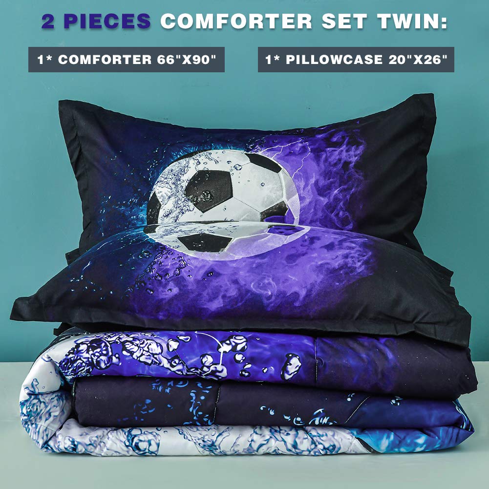 Andency Twin Soccer Comforter Set (66x90 Inch) - 2 Piece Blue Flame Soccer Bedding with Pillowcase | Soft Microfiber Sports Themed Comforter for Boys, Girls, Kids & Teens | Perfect for Bedrooms, Dorms, Sleepovers & Soccer Fans