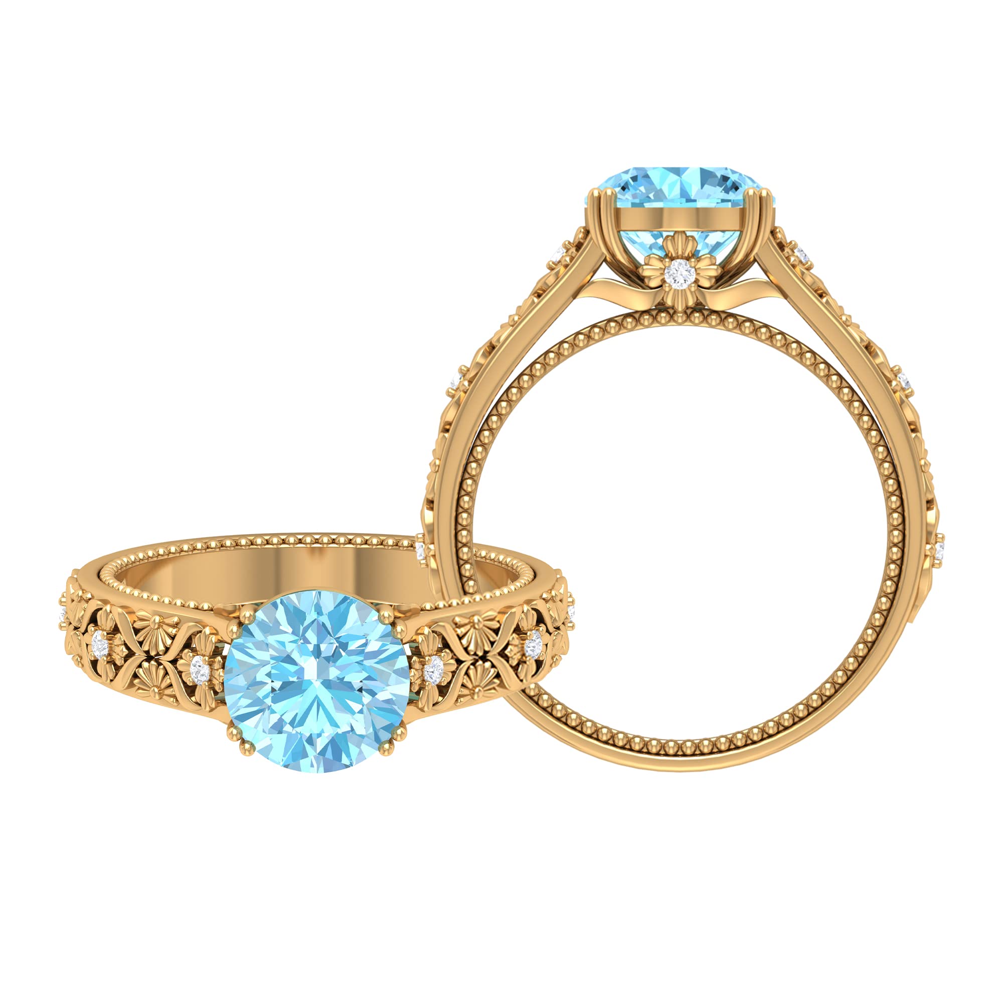 2.25 CT Vintage Aquamarine and Diamond Engagement Ring - 14K Solid Gold Floral Carved Wedding Band - Perfect for Proposals, Anniversaries & Bridal Jewelry Gifts