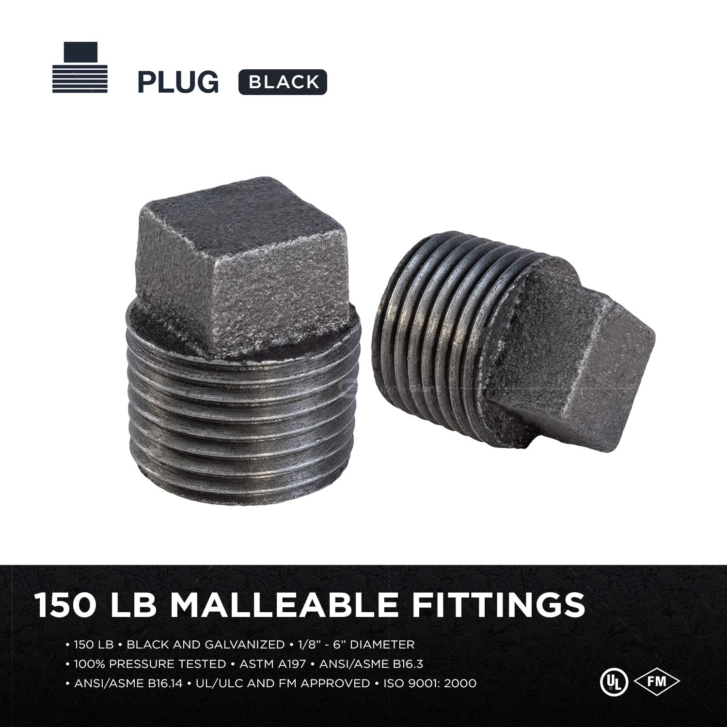 BMPL4000-5 Black Malleable Iron Pipe Plug Fitting - 4 Inch Square Head Threaded Connector (Pack of 5) - Ideal for Plumbing, HVAC, and Industrial Pipe Systems