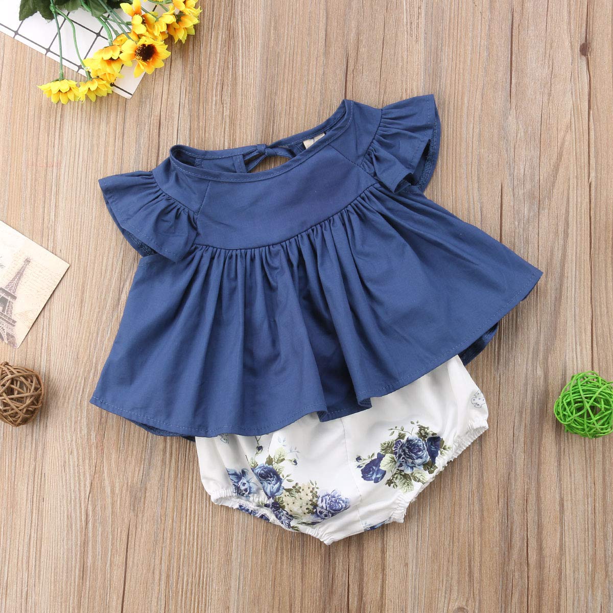 Newborn Baby Girls Outfit Set - Ruffled Flutter Sleeve Denim Dress & Floral Shorts | Soft Cotton Infant Clothes for Photoshoots, Parties & Daily Wear