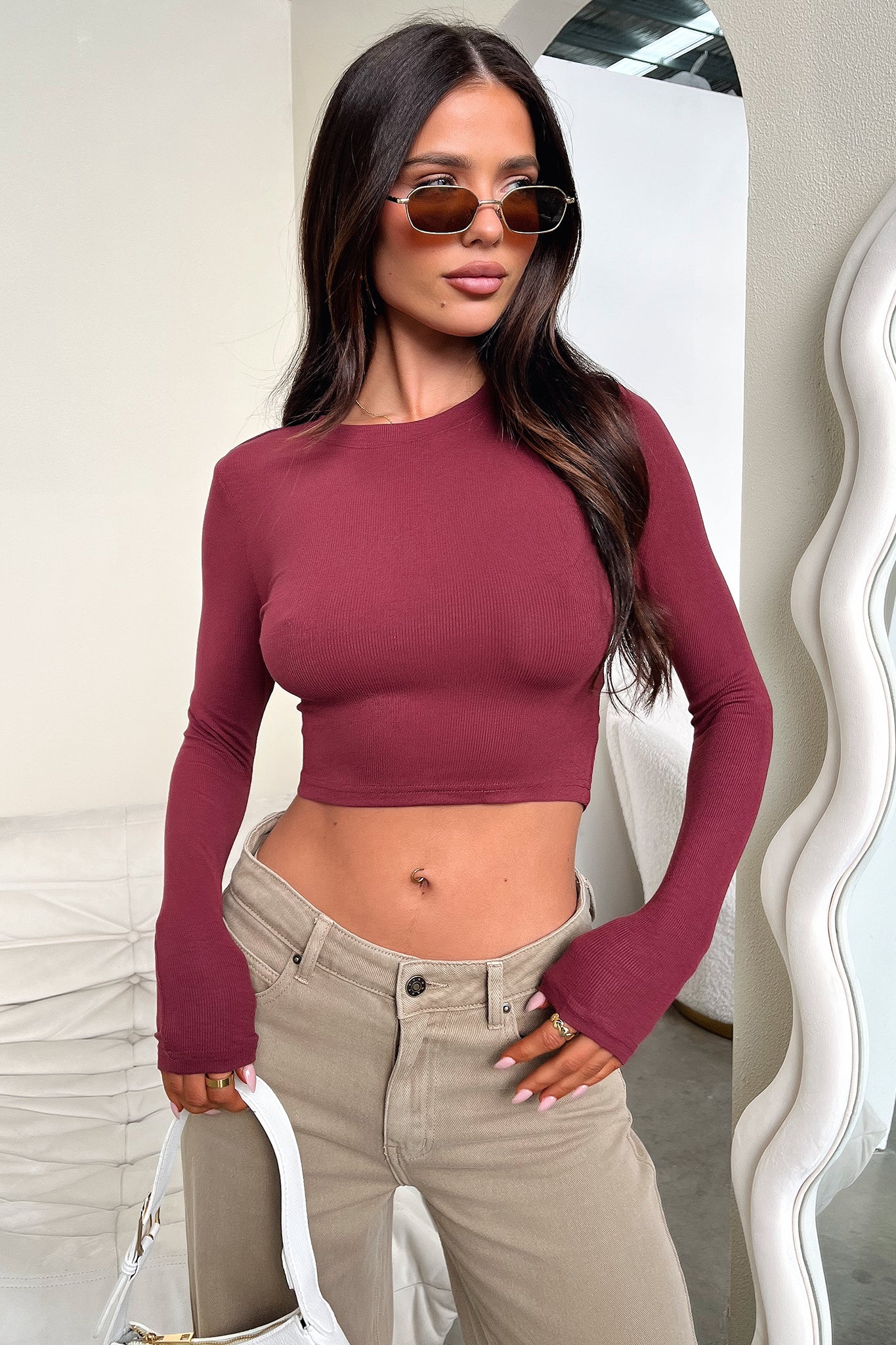 Jaylee Long Sleeve Baby Tee for Women - Soft Stretchy Wine Red T-Shirt - Casual & Layering Essential for Everyday Wear