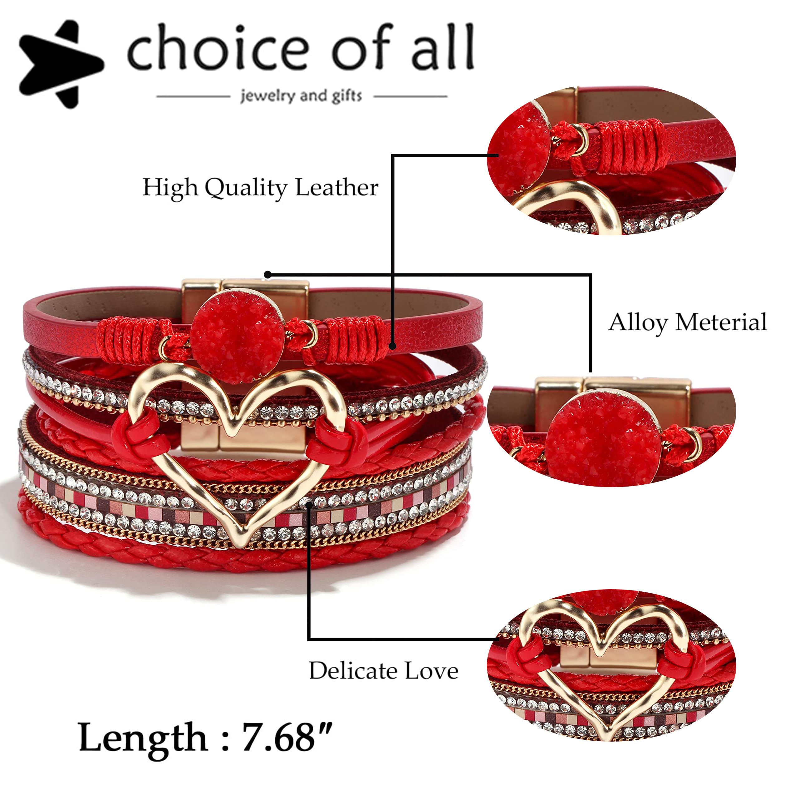 Stylish Heart Bracelets for Women - Boho Leather Wrap Bracelets, Trendy Layered Chunky Stackable Jewelry, Perfect Valentine's Day Gifts for Her | Great for Everyday Wear, Gift Giving & Special Occasions | Ideal for Date Nights, Office Wear & Boho Fashion Outfits