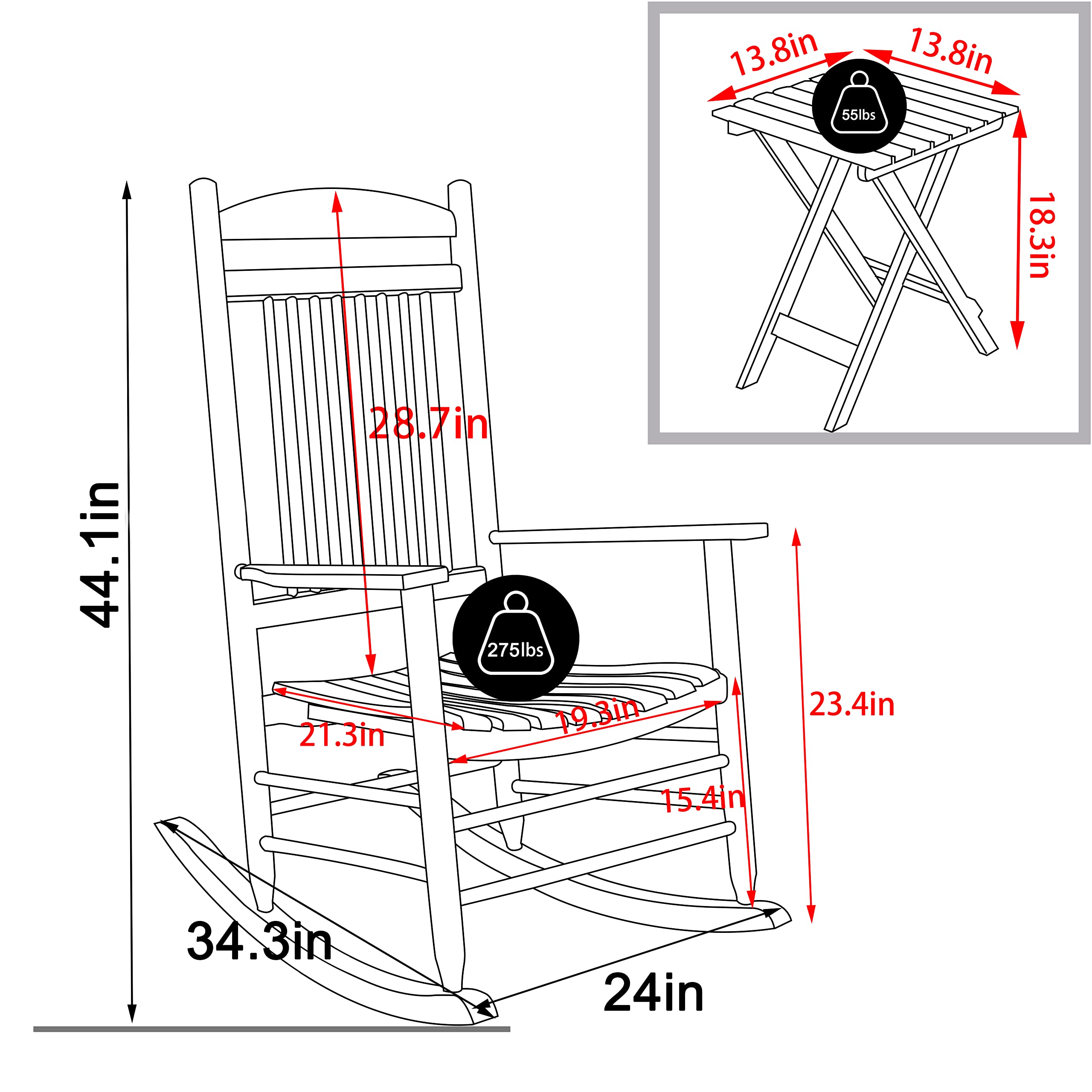 MUPATER 3-Piece Outdoor Rocking Chair Set with Bistro Table - Patio Wooden Rocker & 2 Chairs, Foldable Table & Curved Seat, Black - Perfect for Garden, Porch, Backyard & Balcony Relaxation