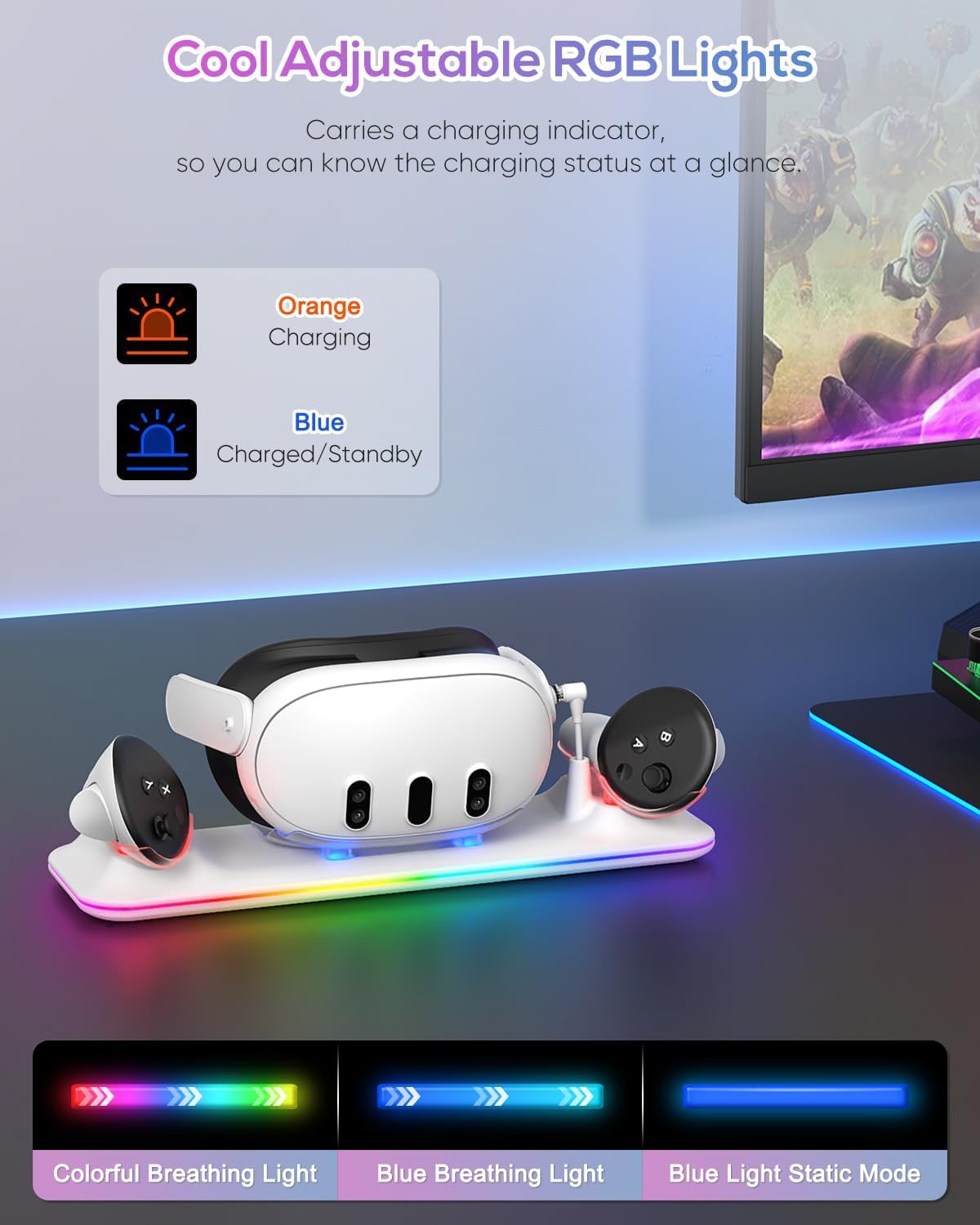 Meta Quest 3S/Quest 3 Fast Charging Dock with RGB Lights - Magnetic Charging Station for Oculus Headset & Controllers (Includes 2 Rechargeable Batteries) | Perfect for VR Gaming Setup & Home Entertainment