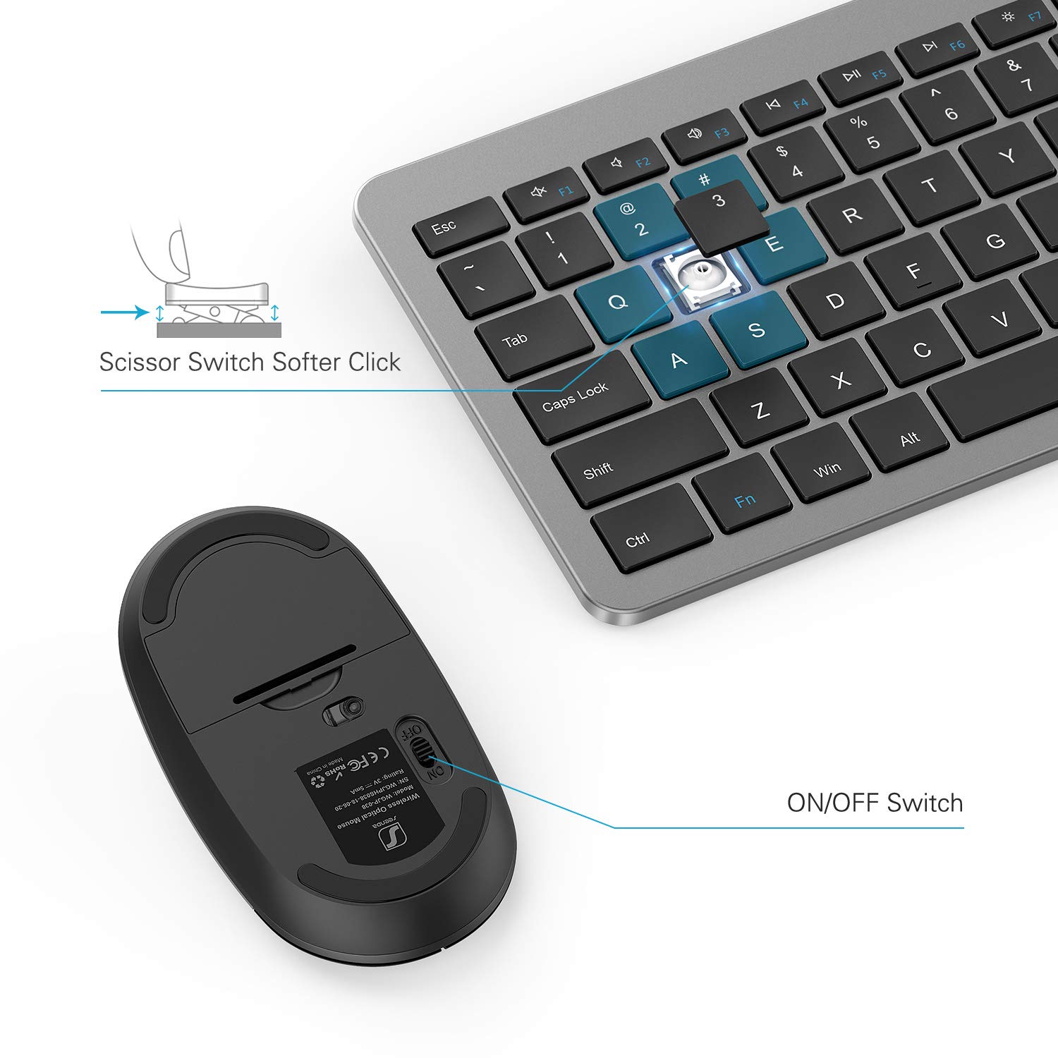 Slim Wireless Keyboard and Mouse Combo with Numeric Keypad - 2.4G Ergonomic Full-Size Keyboard & Adjustable DPI Mouse (Grey/Black) for Office, Home, Gaming & Remote Work