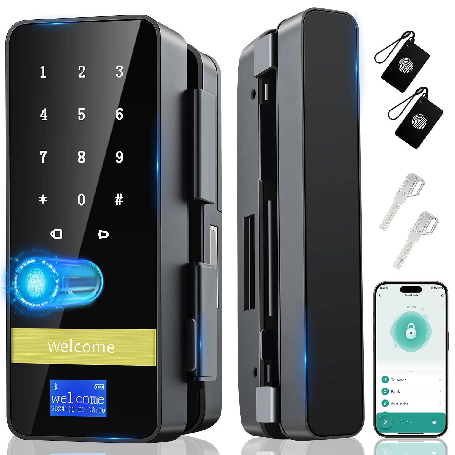 Smart Glass Door Lock - 8-in-1 Keyless Entry Digital Lock with Fingerprint & Keypad - Auto Lock for Glass Front Doors - Ideal for Home, Office & Hotel Security (Easy Installation & Modern Design)
