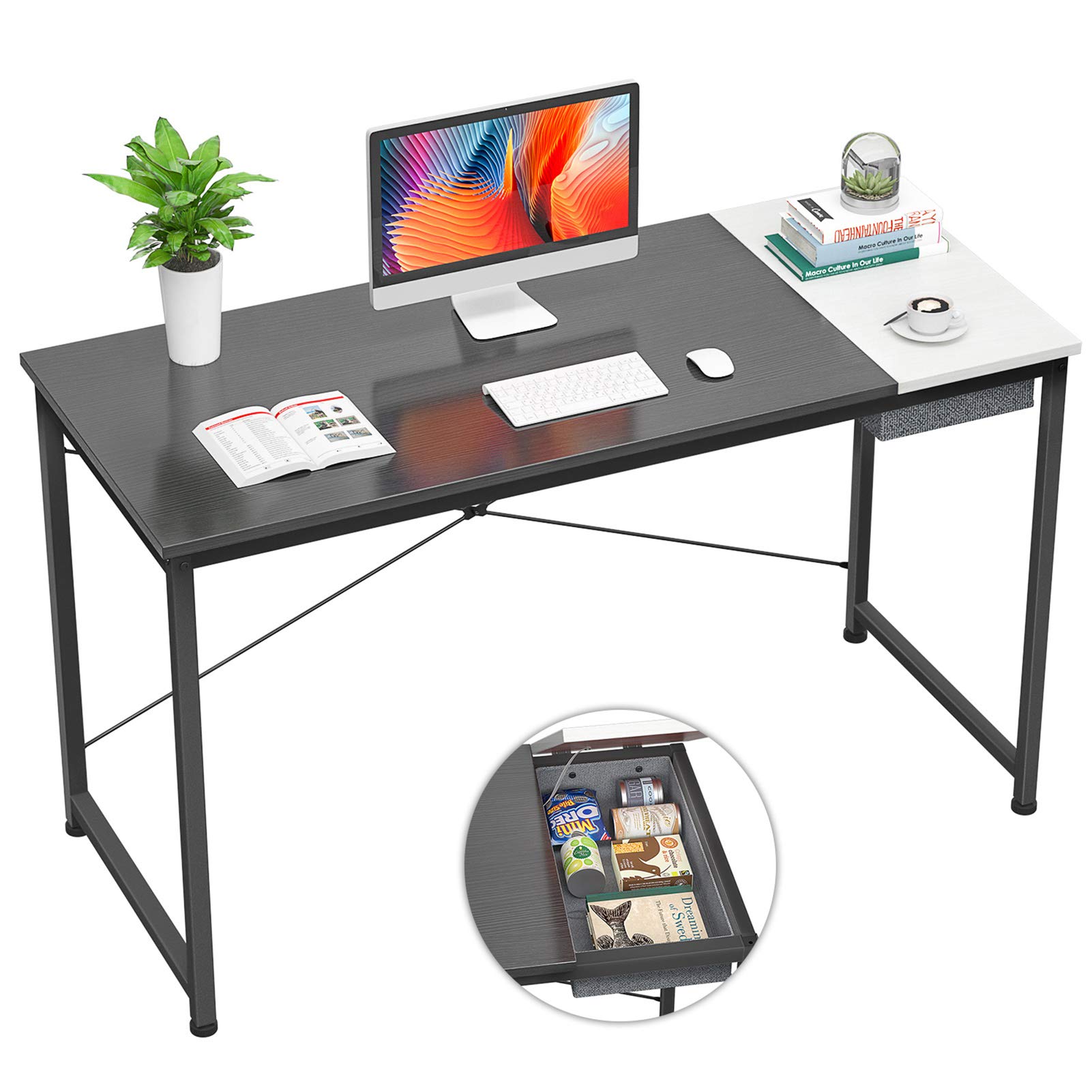 Foxemart 47 Inch Computer Desk - Modern Home Office Desk with Storage Bag & Drawer, Study Writing Workstation for Small Spaces, Black & White - Perfect for Remote Work, Online Learning & Gaming Setup