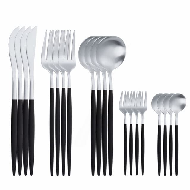 Premium Stainless Steel Silverware Set - 20-Piece Matte Black & Silver Cutlery Set with Forks, Spoons & Knives - Elegant Dinnerware for Home, Restaurant & Party Use