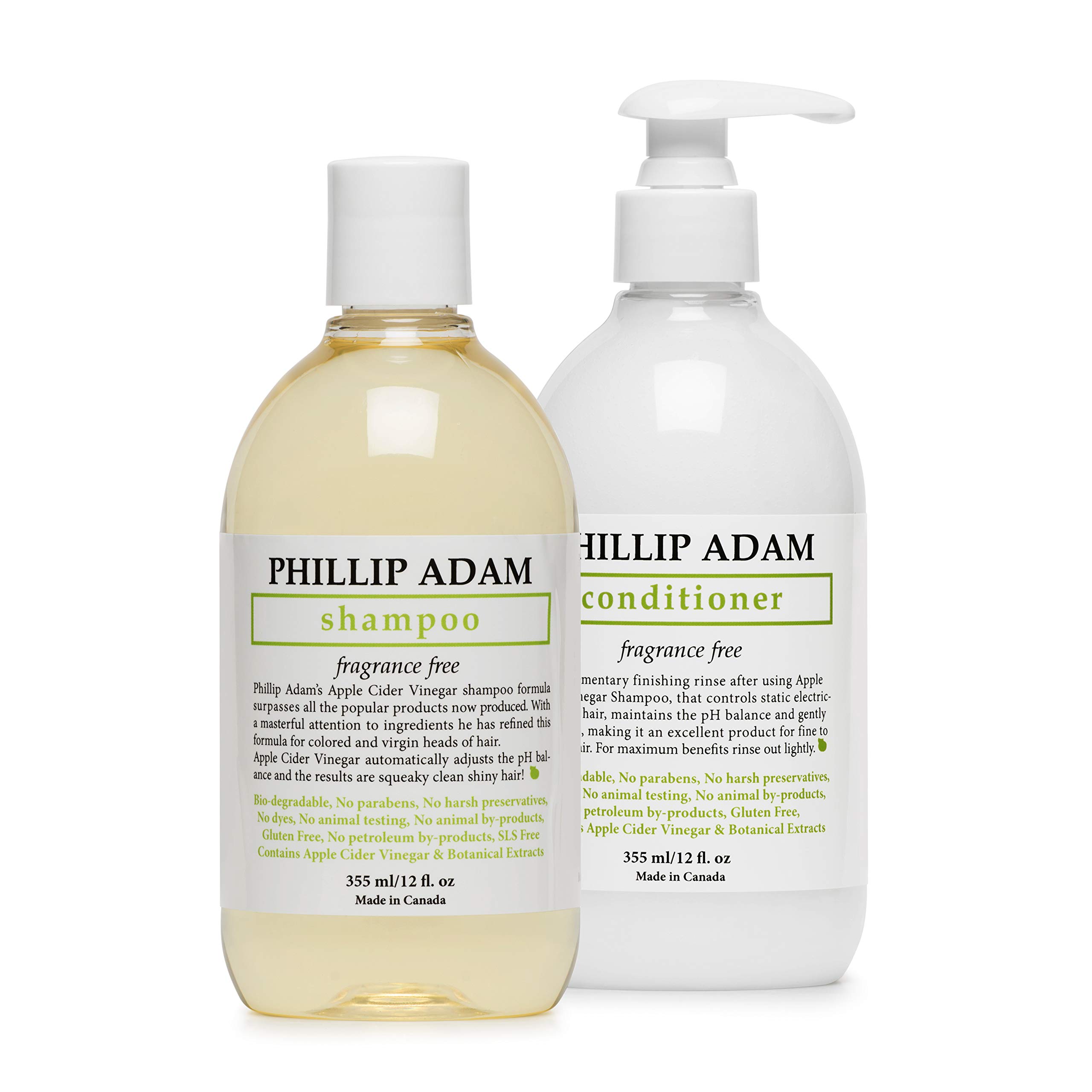 Phillip Adams Fragrance Free Shampoo & Conditioner Set with Apple Cider Vinegar - pH Balanced Formula for Shiny, Smooth Hair - 12oz Each - Perfect for Sensitive Scalp & Color-Treated Hair Care
