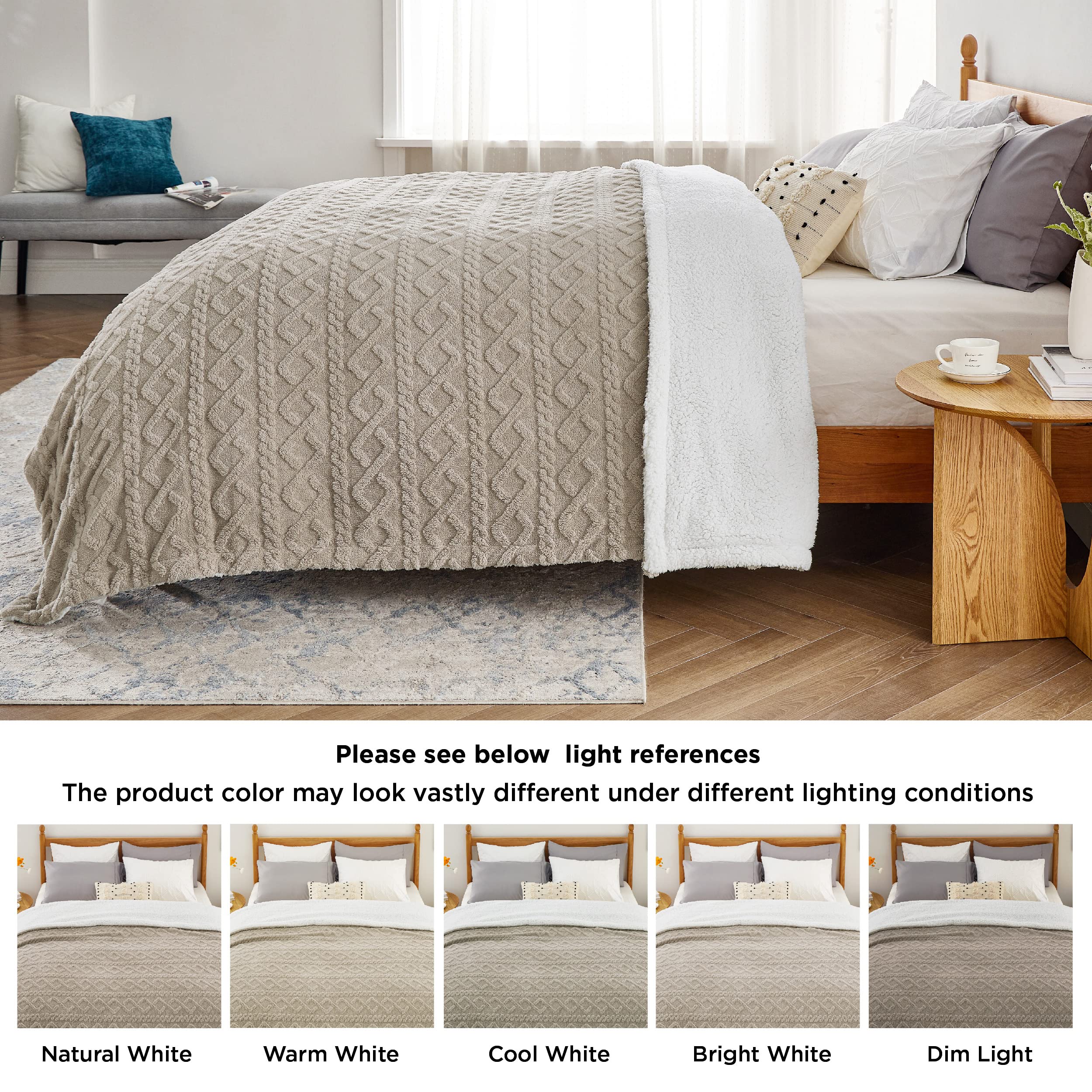 Bedsure Sherpa Fleece Throw Blanket - Ultra Soft Cozy Cable Knit Blanket for Women & Men, Thick Warm Winter Blanket for Couch, Bed, Sofa - 50x60 Inches Beige - Perfect for Lounging, Movie Nights & Home Decor