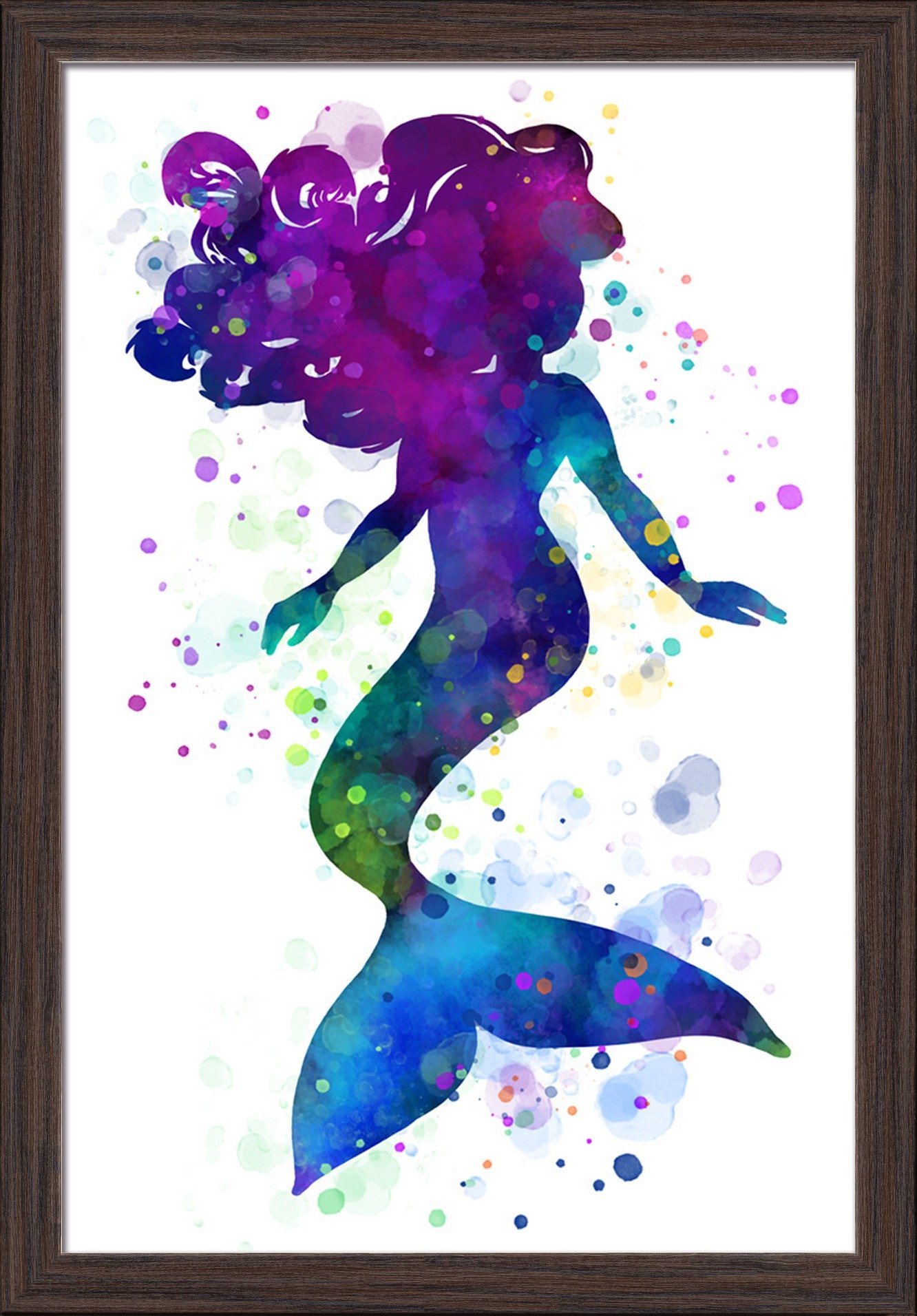 Purple Silhouette Mermaid Wall Art - 16x24 Inch Giclee Fine Art Print with Recycled Wood Frame in Espresso Brown - Perfect for Beach House Decor, Bedroom Wall Art & Coastal Home Decor