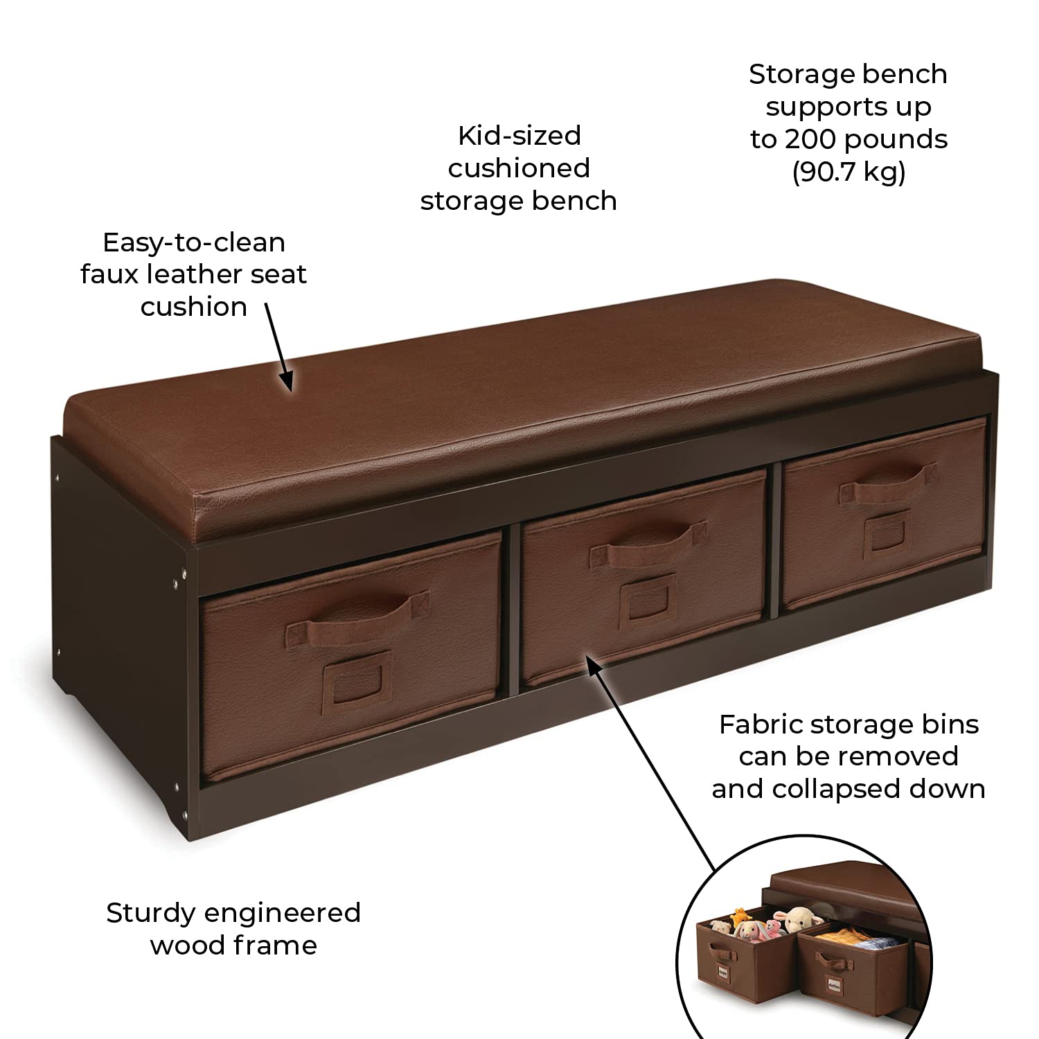 Badger Basket Kids Toy Storage Bench with Cushion & 3 Fabric Bins - Espresso Brown - Organize Playroom, Nursery or Bedroom Toys - Perfect for Home, Daycare & Preschool
