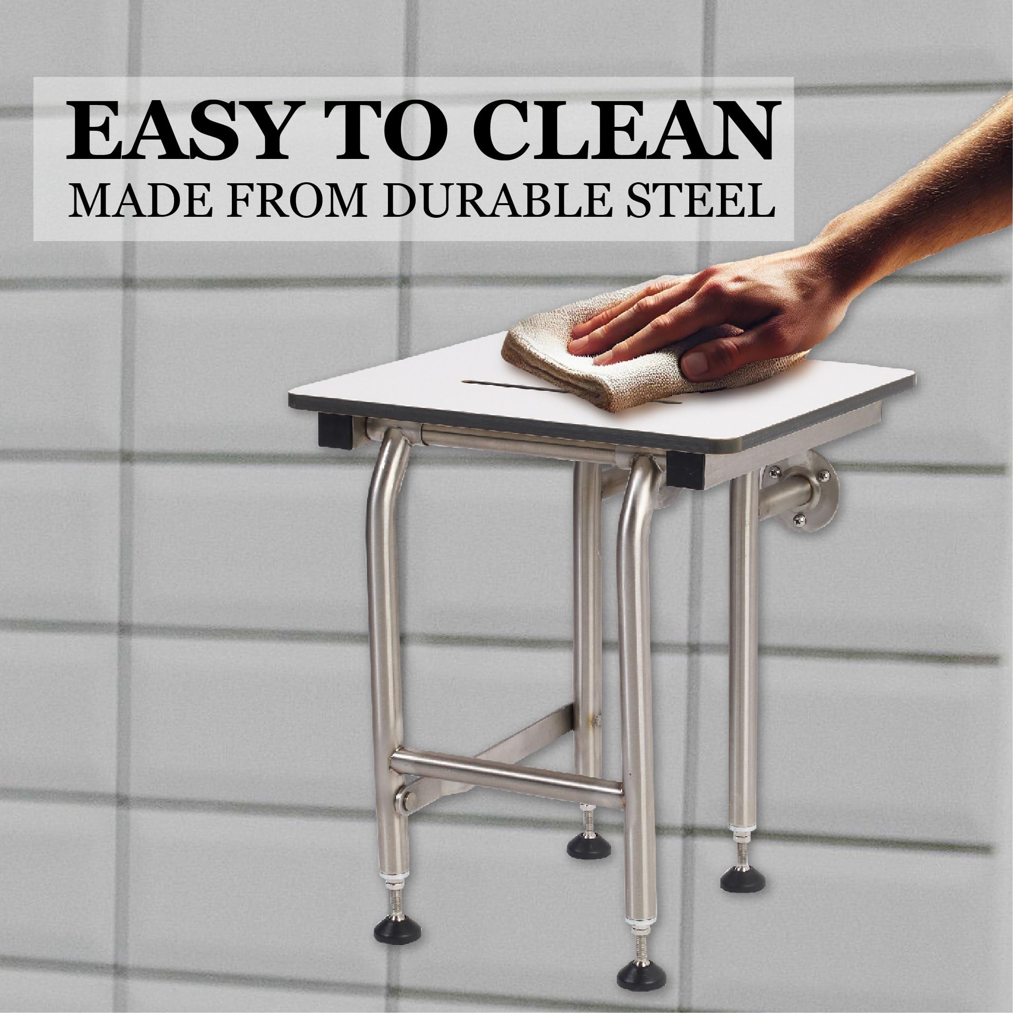 **Heavy Duty ADA Shower Chair with Legs - 400lbs Capacity, 304 Stainless Steel Frame - Folding Shower Seat for Elderly & Disabled (18”x16”) - Wall Mounted or Freestanding - Ideal for Bathroom Safety & Accessibility**    *(Use Case: Perfect for seniors, disabled individuals, or post-surgery recovery, providing secure seating in showers, bathtubs, or wet rooms.)*