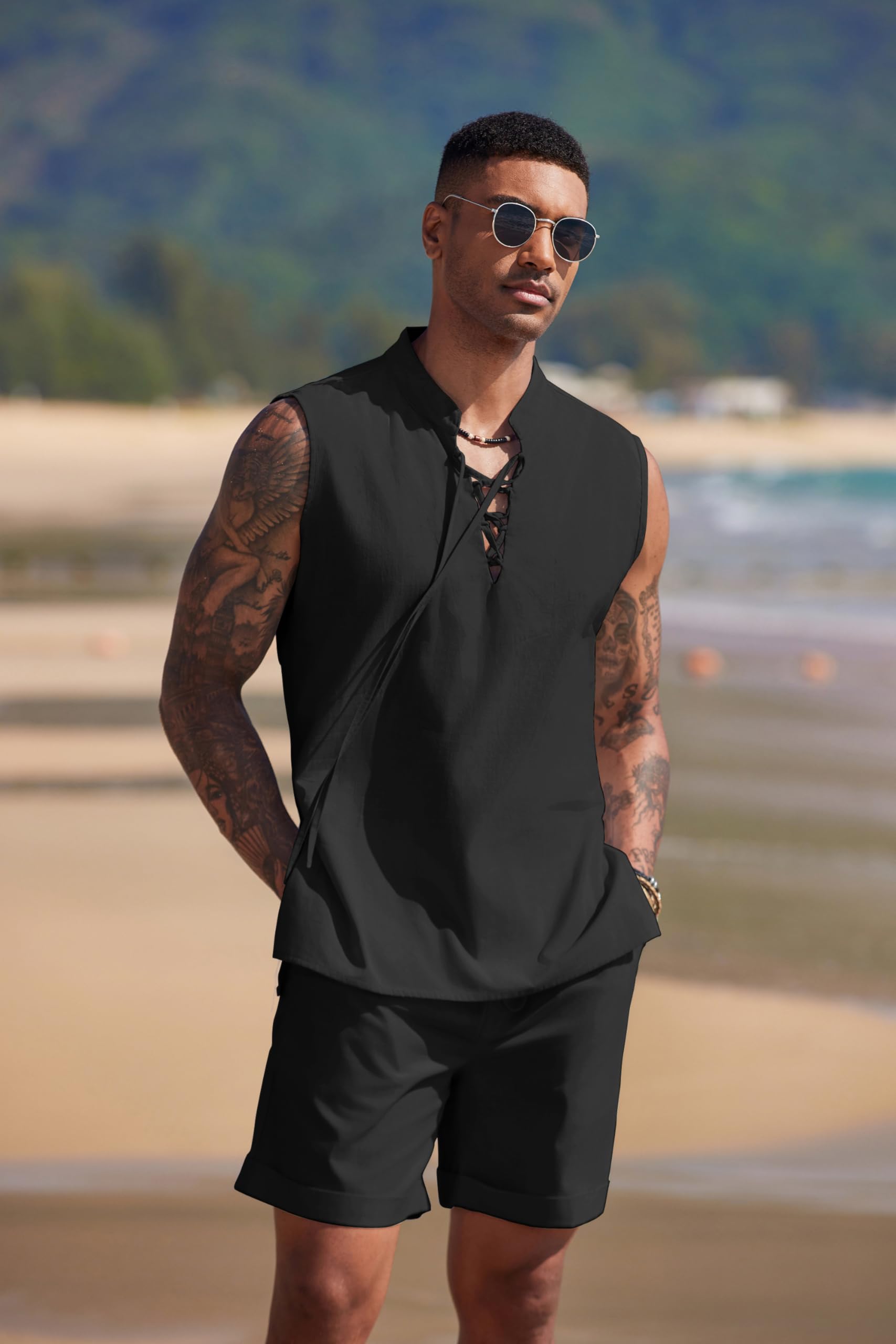 COOFANDY Men's 2-Piece Linen Beach Outfit Set - Breathable Lace-Up Hippie Tank Top & Matching Shorts for Summer Casual Wear | Perfect for Beach Vacations, Music Festivals & Boho Style Outfits