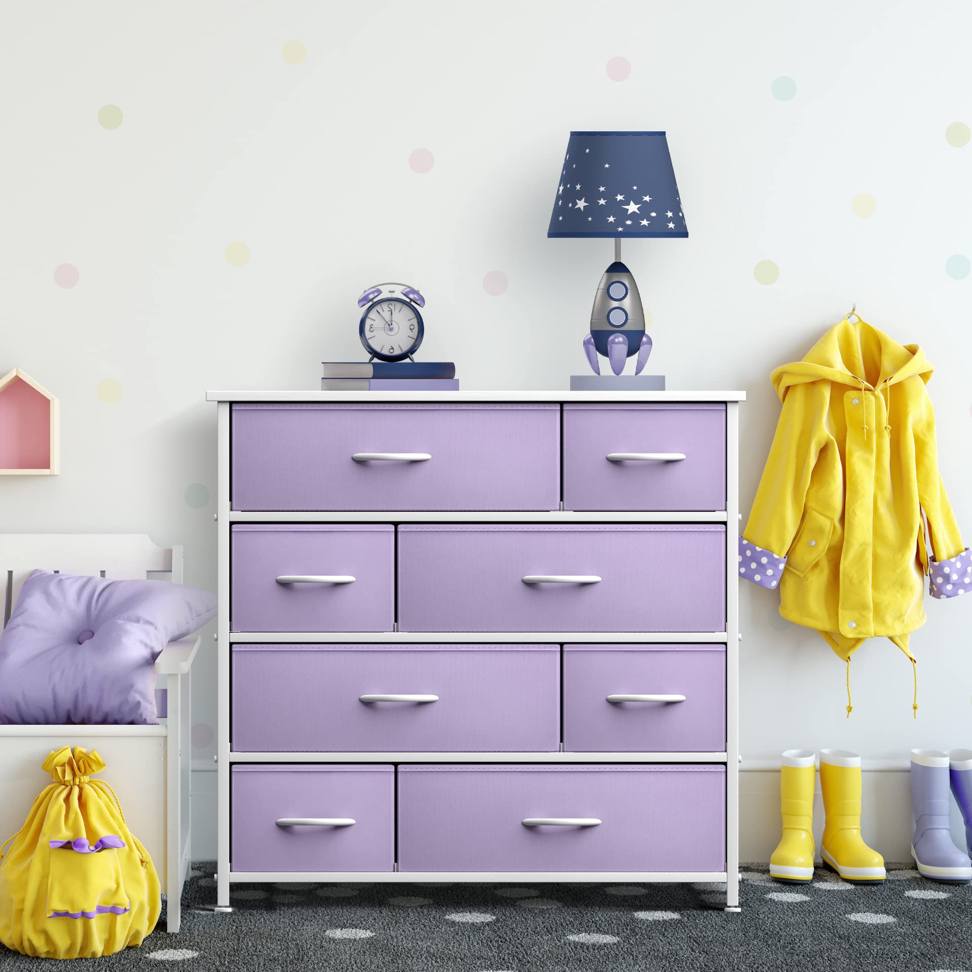 Sorbus 8-Drawer Dresser with Steel Frame & Wood Top - Kids Bedroom Storage Organizer for Clothes, Toys, Nursery & Playroom - Purple Fabric Bins - Perfect for Teens Room, Dorm & Home Organization