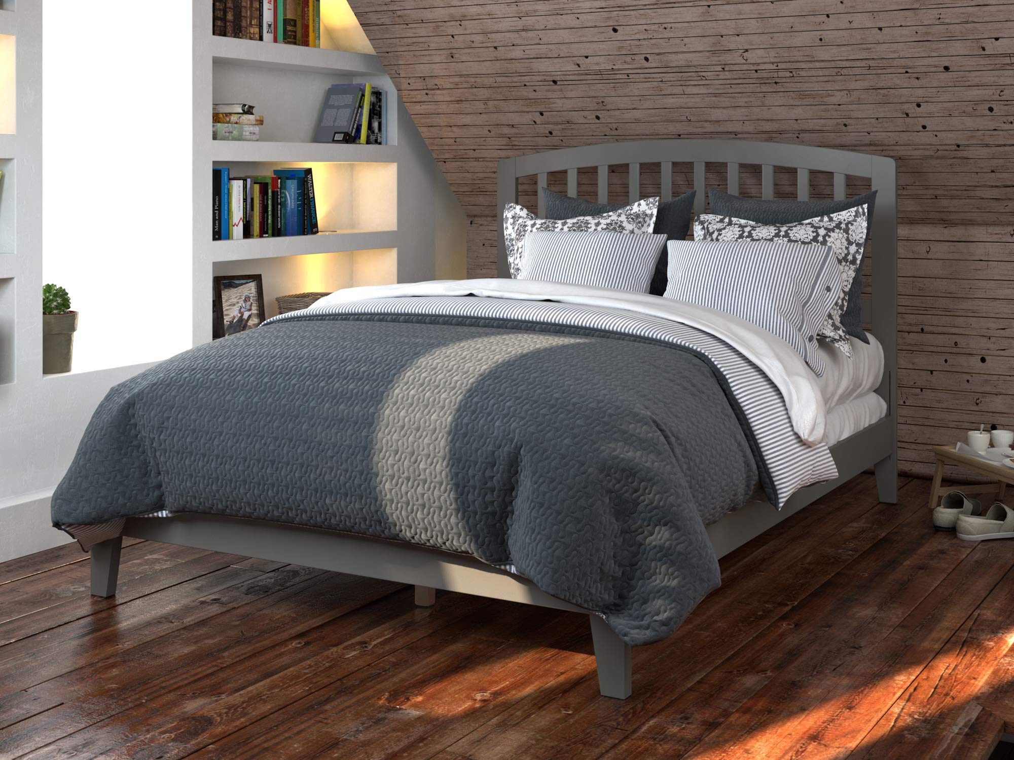 AFI Richmond Full Size Foundation Bed with USB Charger - Grey - Sturdy Bed Frame with Attachable USB Ports for Convenient Charging, Perfect for Bedrooms, Dorms & Guest Rooms