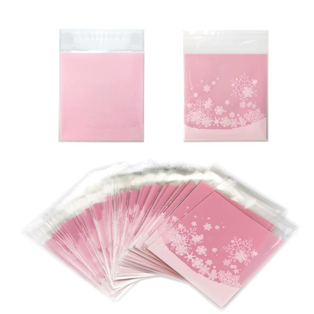 FAZHBARY 100 Pack Clear Self-Sealing Pink Snowflake Cellophane Bags - Christmas Candy Cookie Bakery Treat Bags for Holiday Parties, Gift Wrapping & Dessert Packaging