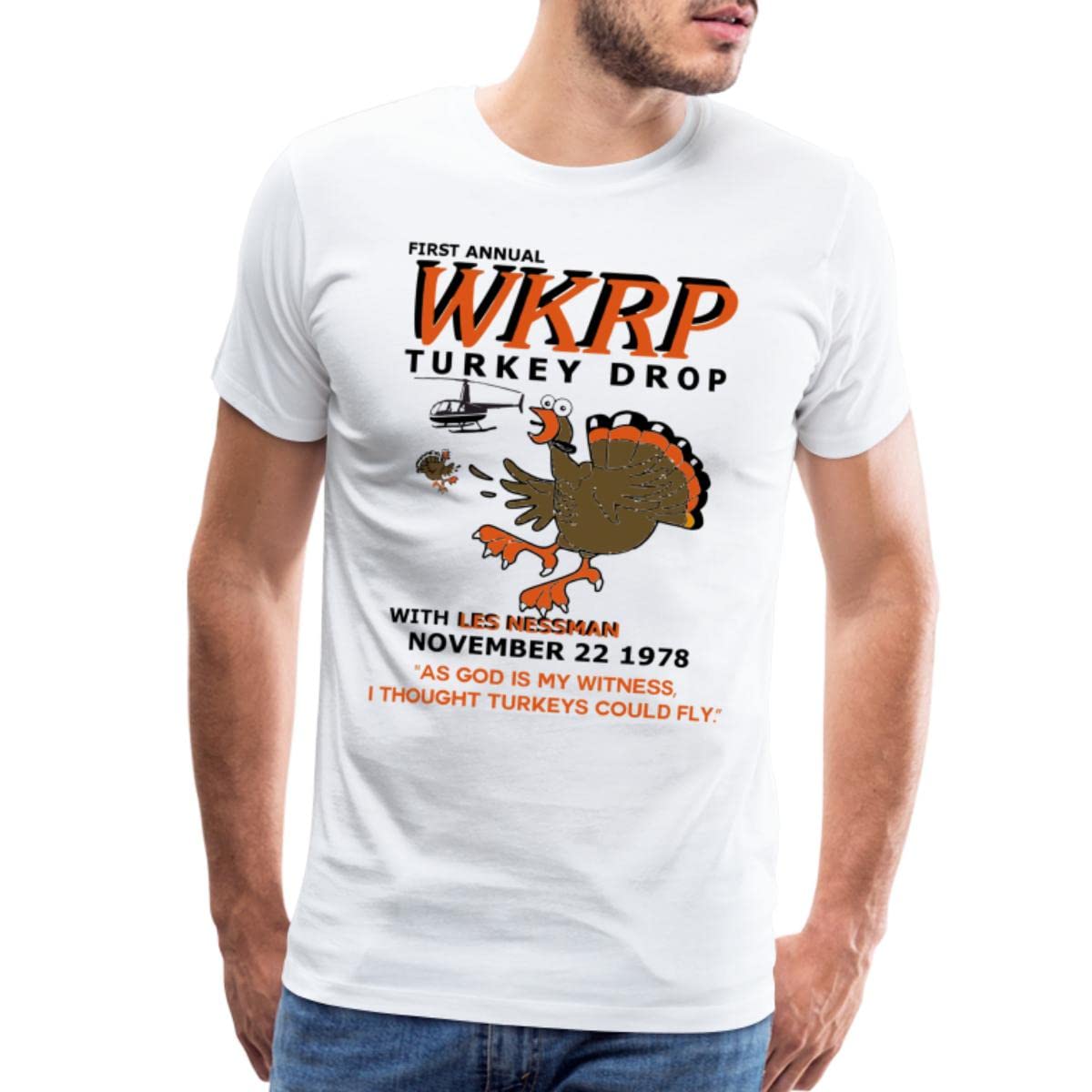 Spreadshirt® WKRP Turkey Drop T-Shirt for Men | Funny Thanksgiving Shirt | Perfect for Holiday Parties & Family Gatherings