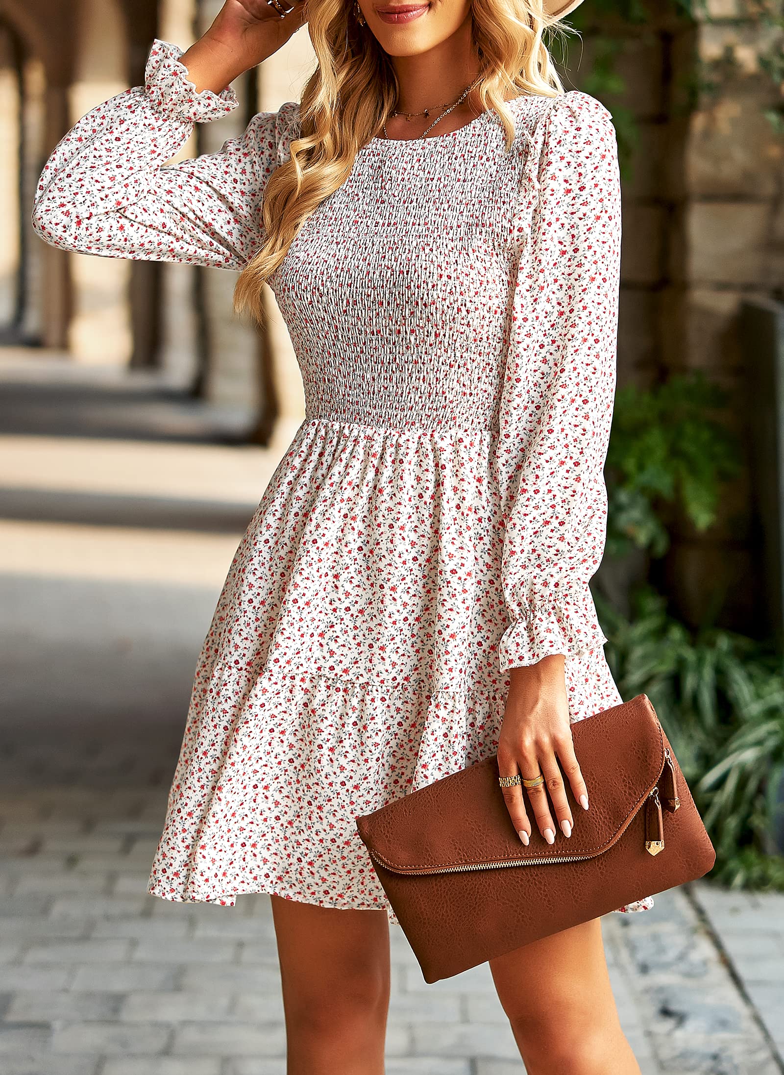 KIRUNDO Women's Floral Smocked Long Sleeve Ruffle A-Line Mini Dress - Spring Summer Party Dress 2025 | Perfect for Garden Parties, Date Nights & Special Occasions