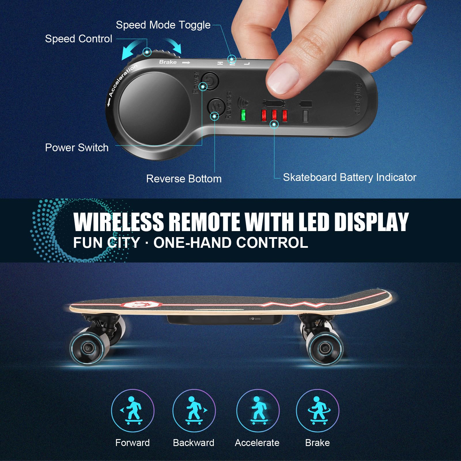 Caroma Electric Skateboard with Wireless Remote Control - 12.4 MPH Max Speed & 8 Mile Range - Best Electric Skateboard for Adults & Beginners - Perfect Gift for Teens & Adults - Great for Commuting, Campus Travel & Outdoor Fun