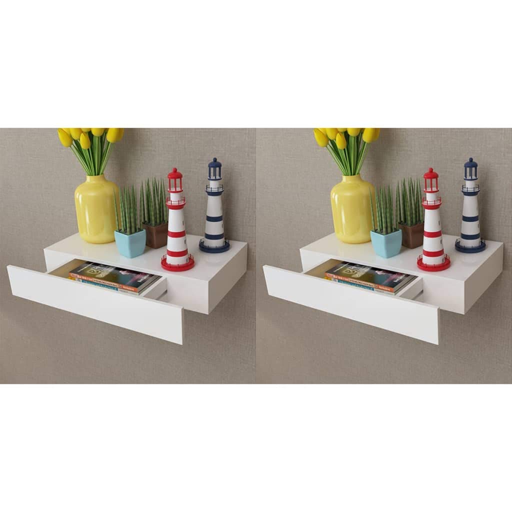 Floating Wall Shelves with Drawers - Set of 2 White Display Ledges (18.9 Inch) - Perfect for Living Room Decor, Bedroom Storage & Office Organization
