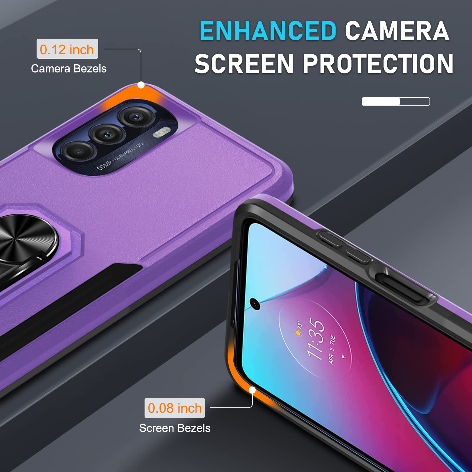 Janmitta Heavy Duty Shockproof Case for Moto G 5G 2022 - Full Body Protective Cover with Built-in Rotatable Metal Ring Holder & Kickstand + Screen Protector (Lavender) | Perfect for Outdoor Activities, Travel, and Daily Protection