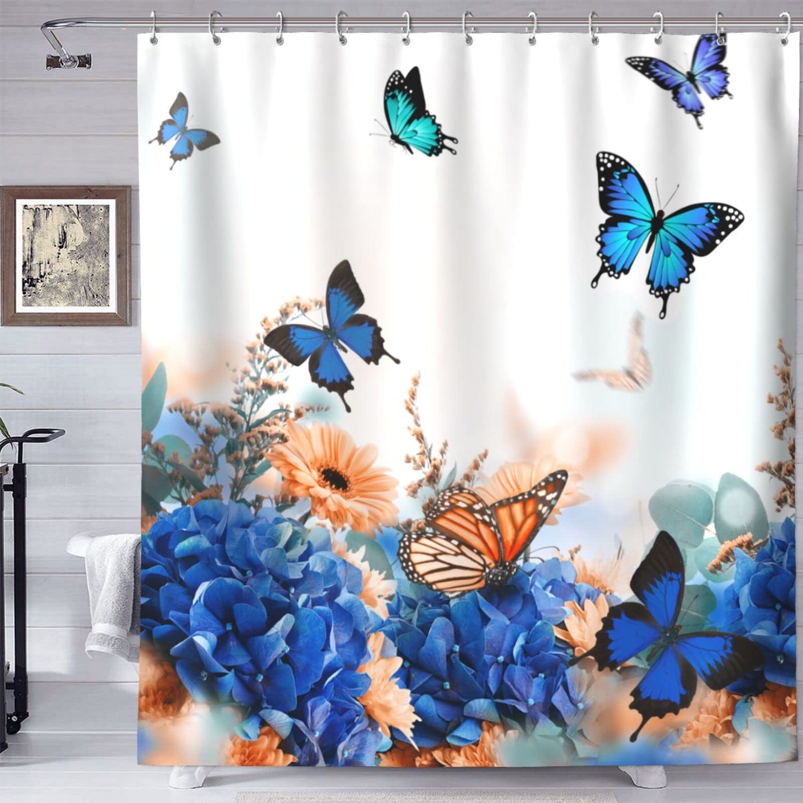 Blue Butterfly & Hydrangea Shower Curtain Set with Plastic Hooks - 72x72 Inches Waterproof Bathroom Decor for Modern, Vintage or Bohemian Style Homes