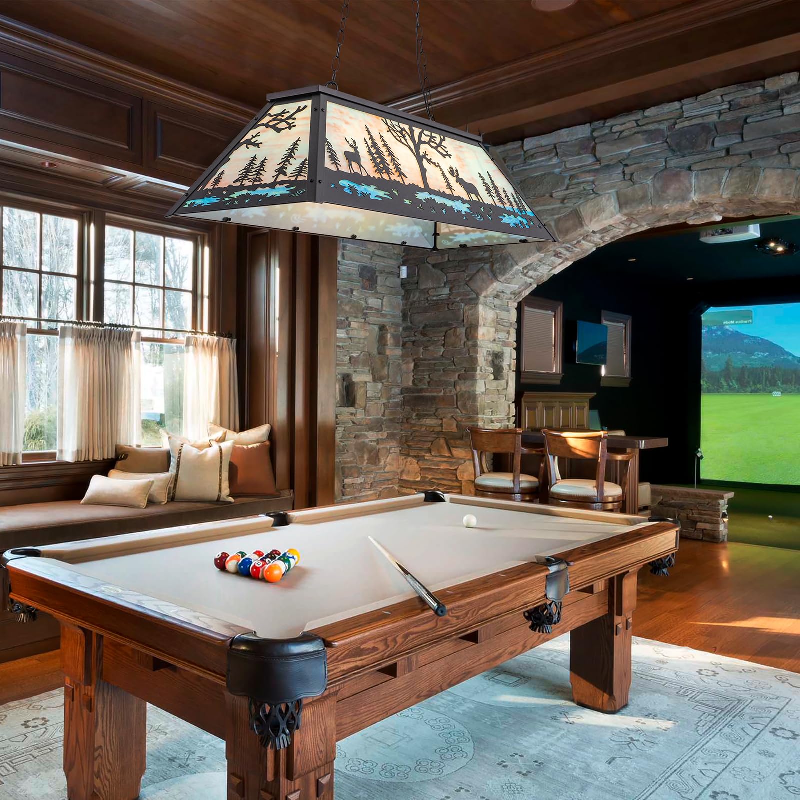 Wellmet 47in Tiffany Pool Table Light - Rustic 4-Light Billiard Hanging Fixture for 7' 8' 9' Pool Tables, Farmhouse Chandelier for Snooker Tables, Game Rooms, Dining Rooms, Kitchen Islands, and Cabin Decor