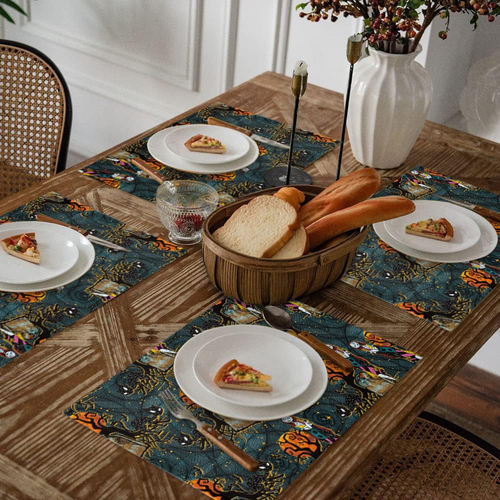 4Pcs Halloween Placemats Set - Cute Sally & Cat Themed Washable Table Mats for Kitchen Dining - Nightmare Before Christmas Decorations - Heat Resistant Holiday Tableware for Halloween & Christmas Parties