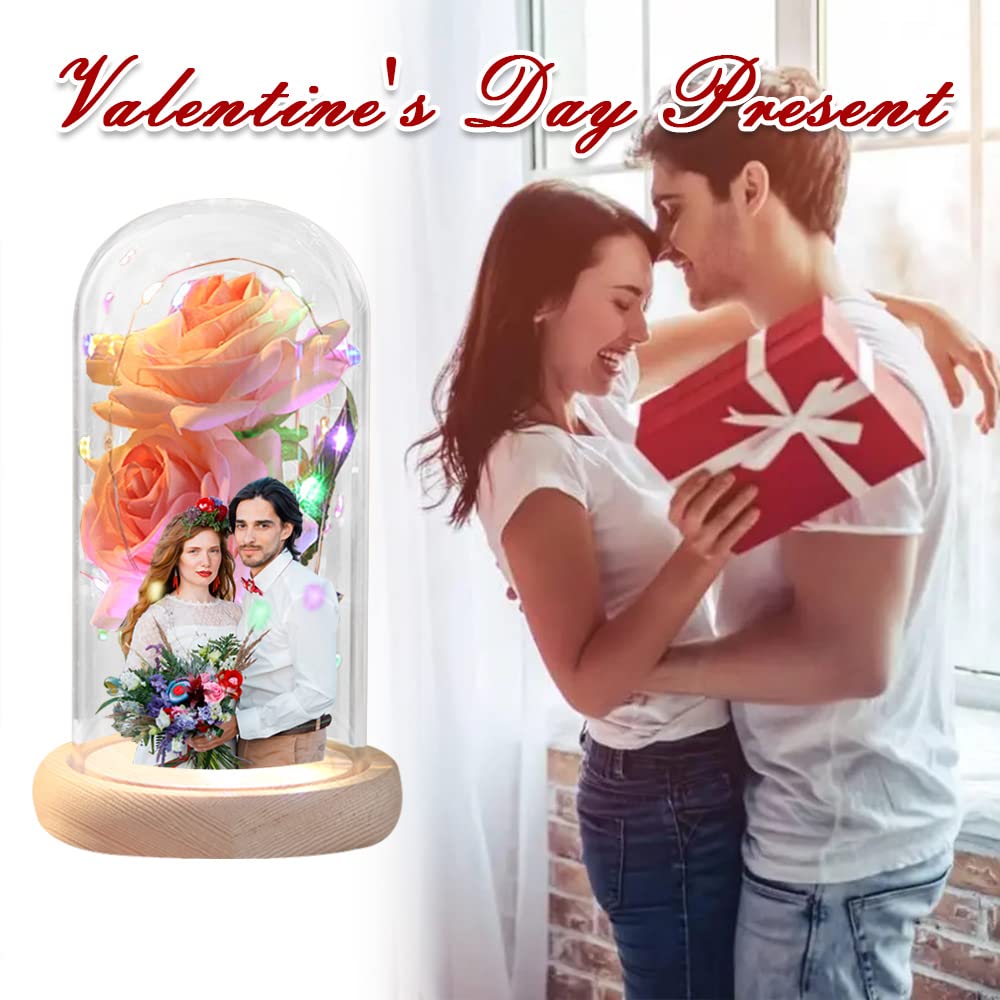 Custom Photo Text Red Silk Eternal Rose in Glass Dome with LED Light & Wood Base - Valentine's Day Home Decor, Anniversary Gift for Wife, Romantic Preserved Flower for Wedding, Birthday & Special Occasions