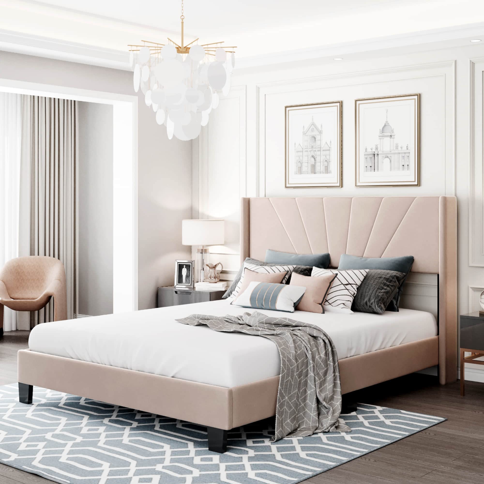 Velvet Upholstered Queen Size Platform Bed Frame with Headboard - No Box Spring Needed, Sturdy Slat Support & Easy Assembly - Perfect for Modern Bedrooms, Guest Rooms & Master Suites