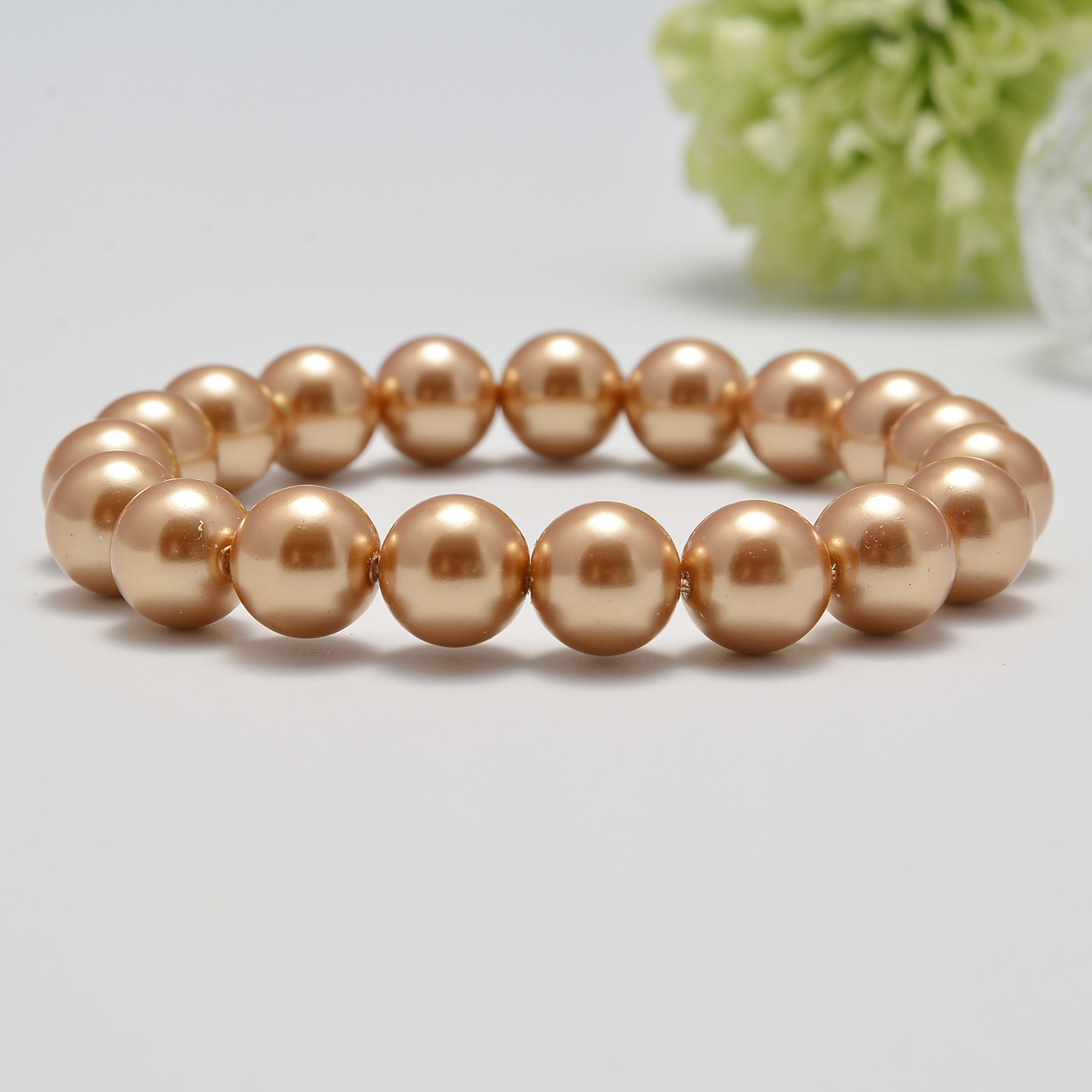 Elegant Gold Shell Pearl Bracelet - Smooth Round Beads 8mm, 10mm, 7.5 Inch Length - Perfect for Weddings, Parties & Special Occasions