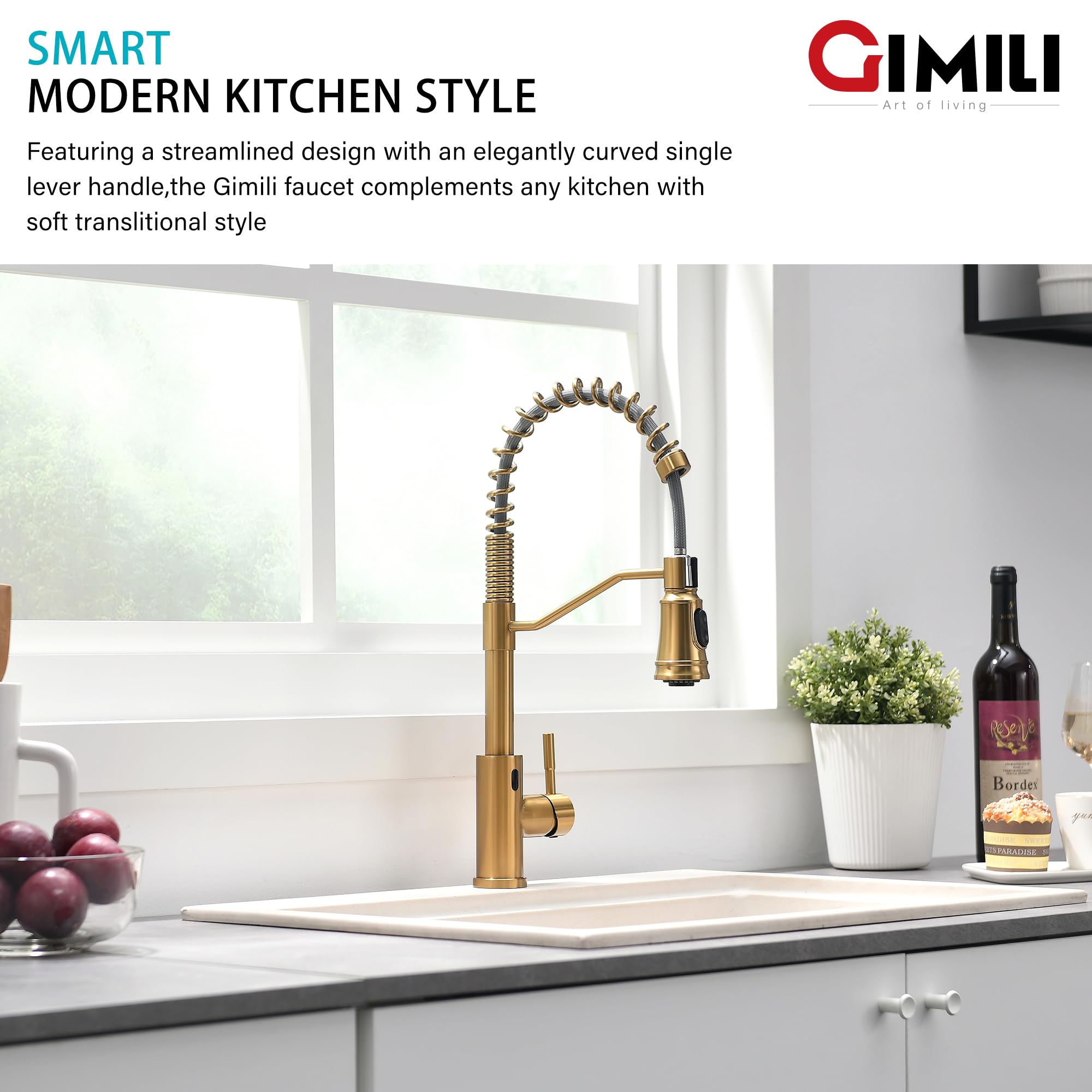 Gold Touchless Kitchen Faucet with Motion Sensor - Hands-Free Pull Down Sprayer for Sink (Brushed Brass) - Perfect for Modern Kitchens