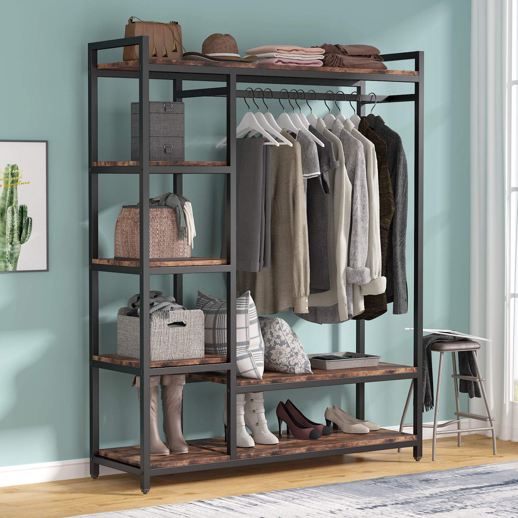 Tribesigns Vintage Free-Standing Closet Organizer with 6 Storage Shelves & Hanging Bar - Large Standing Garment Rack for Bedroom, Closet & Dorm Organization - Perfect for Clothes, Shoes & Accessories Storage